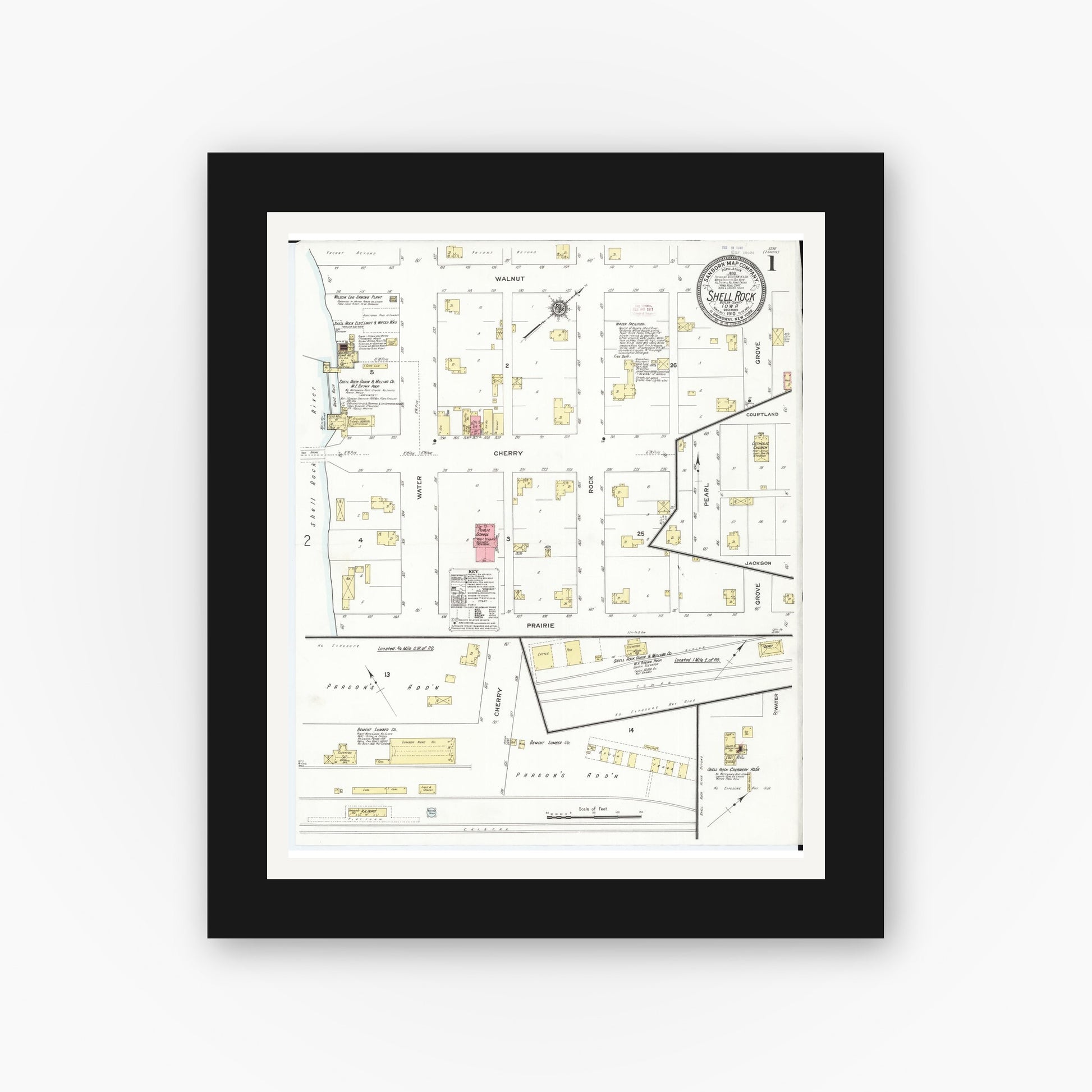 Old map wall art mockup — black gallery frame with white mat — Sanborn Fire Insurance Map from Shell Rock, Butler County, Iowa (1910), Sheet #0001