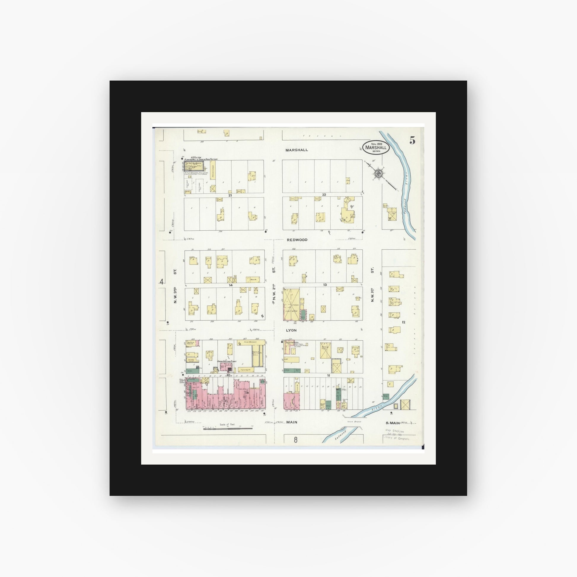 Old map wall art mockup — black gallery frame with white mat — Sanborn Fire Insurance Map from Marshall, Lyon County, Minnesota (1909), Sheet #0005