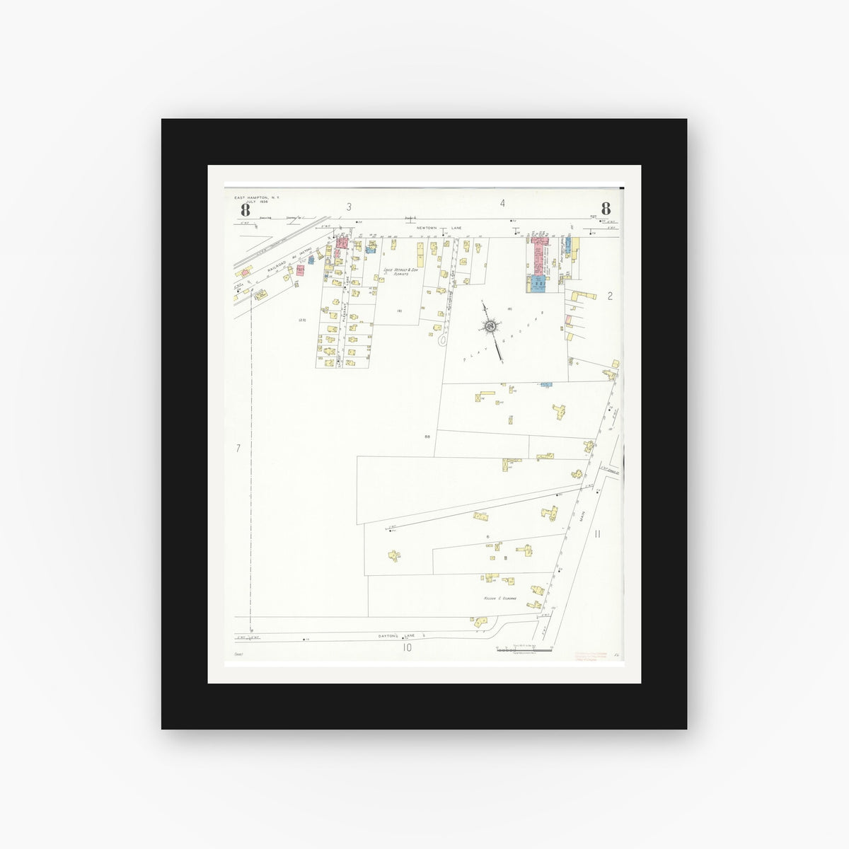 Old map wall art mockup — black gallery frame with white mat — Sanborn Fire Insurance Map from Easthampton, Suffolk County, New York (1936), Sheet #0008