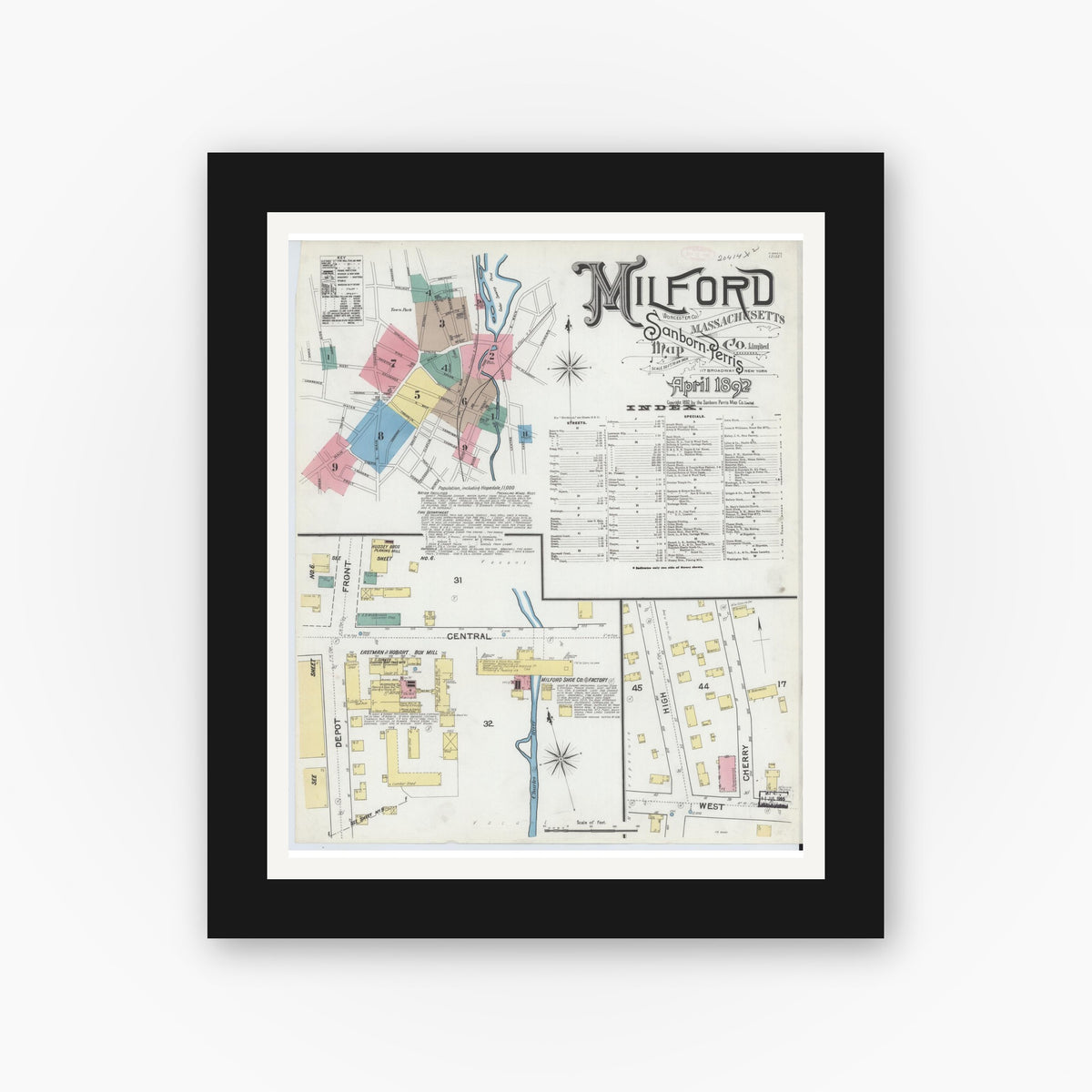 Old map wall art mockup — black gallery frame with white mat — Sanborn Fire Insurance Map from Milford, Worcester County, Massachusetts (1892) - Complete Map Set