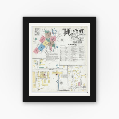 Old map wall art mockup — black gallery frame with white mat — Sanborn Fire Insurance Map from Milford, Worcester County, Massachusetts (1892) - Complete Map Set