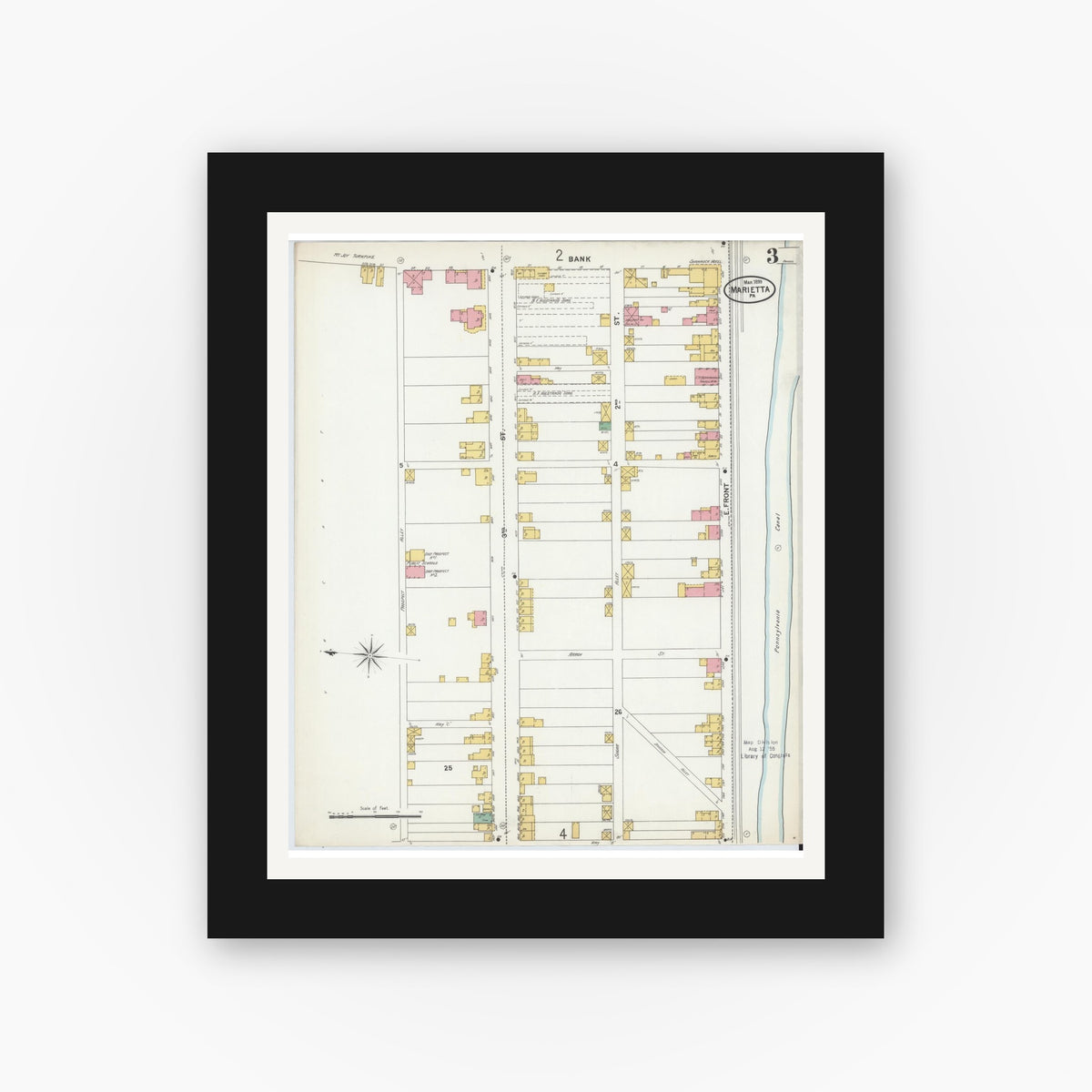 Old map wall art mockup — black gallery frame with white mat — Sanborn Fire Insurance Map from Marietta, Lancaster County, Pennsylvania (1899), Sheet #0003