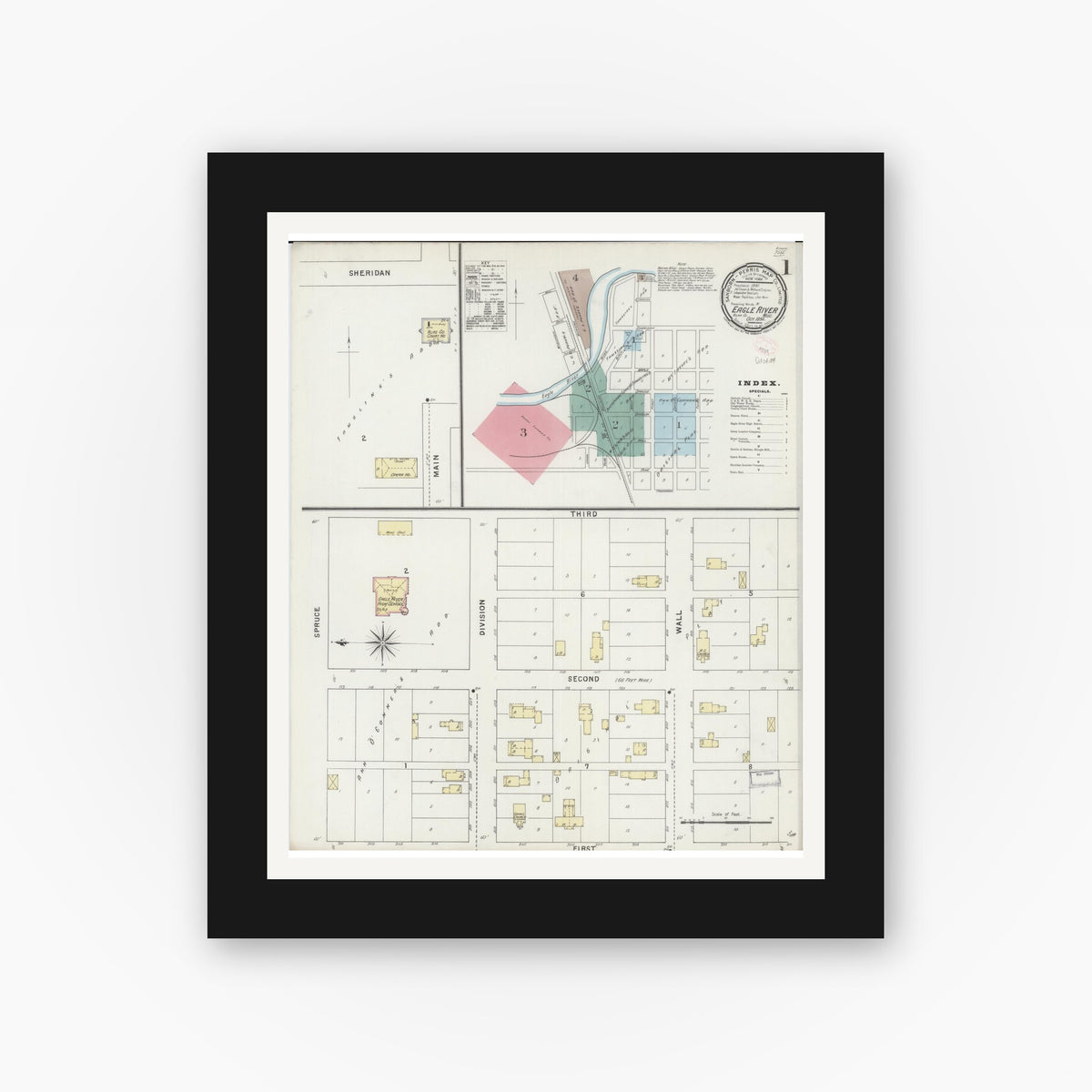 Old map wall art mockup — black gallery frame with white mat — Sanborn Fire Insurance Map from Eagle River, Vilas County, Wisconsin (1894) - Complete Map Set