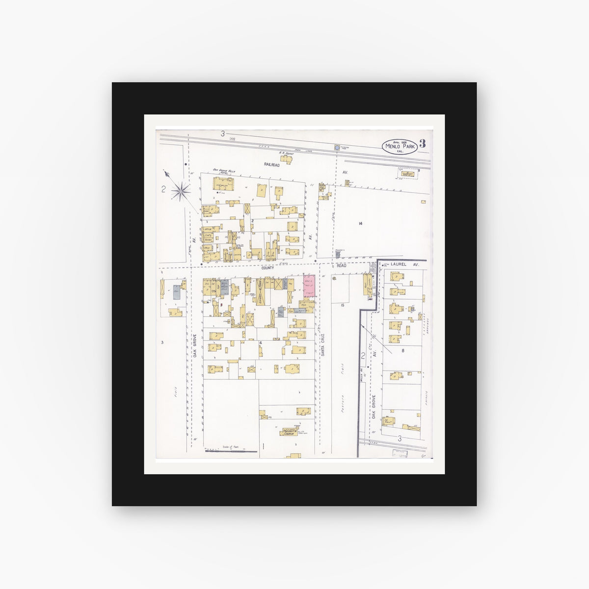 Old map wall art mockup — black gallery frame with white mat — Sanborn Fire Insurance Map from Menlo Park, San Mateo County, California (1908), Sheet #0003