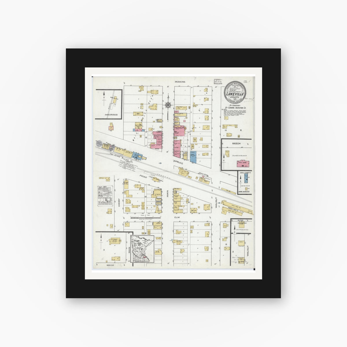 Old map wall art mockup — black gallery frame with white mat — Sanborn Fire Insurance Map from Lakeville, Dakota County, Minnesota (1919), Sheet #0001