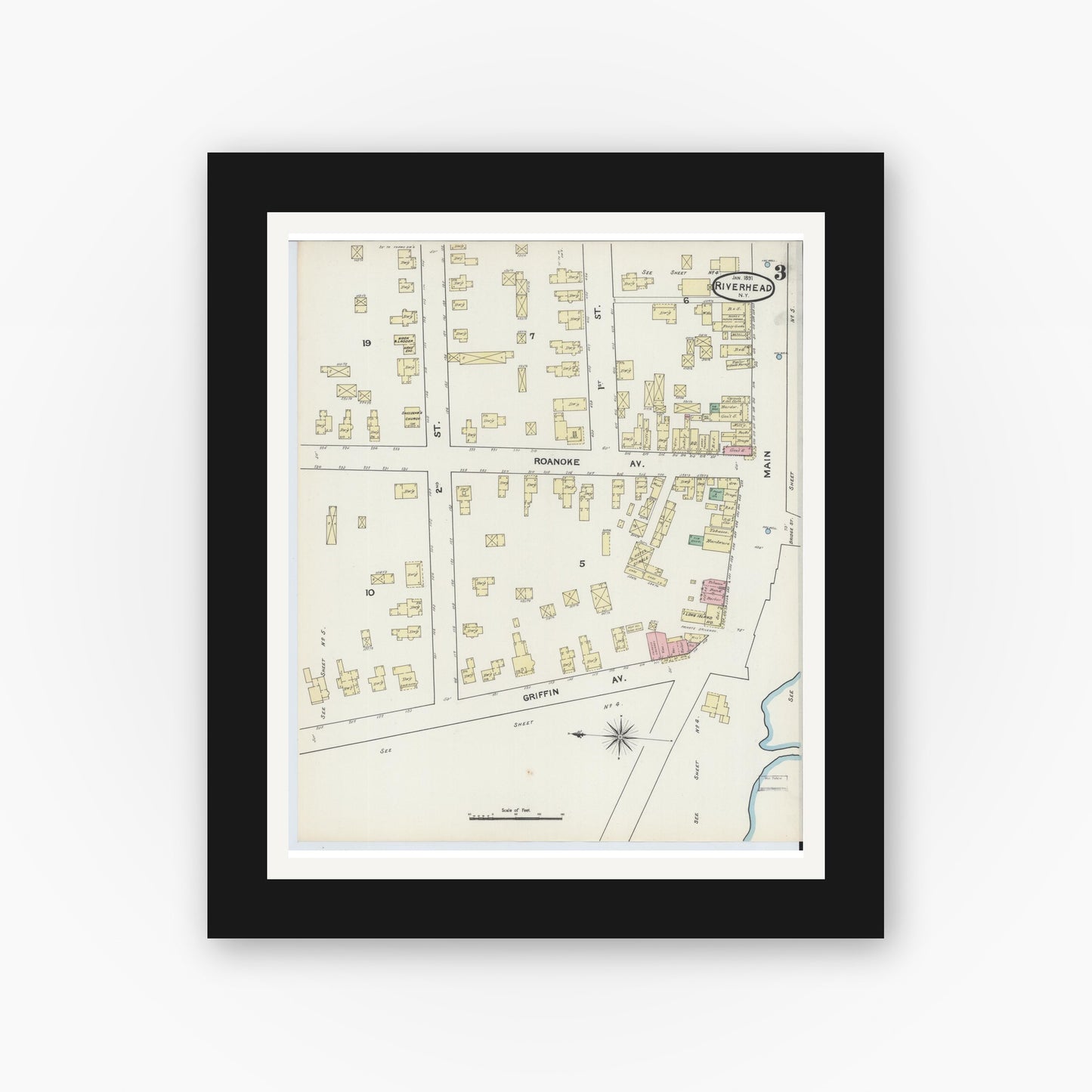 Old map wall art mockup — black gallery frame with white mat — Sanborn Fire Insurance Map from Riverhead, Suffolk County, New York (1891), Sheet #0003
