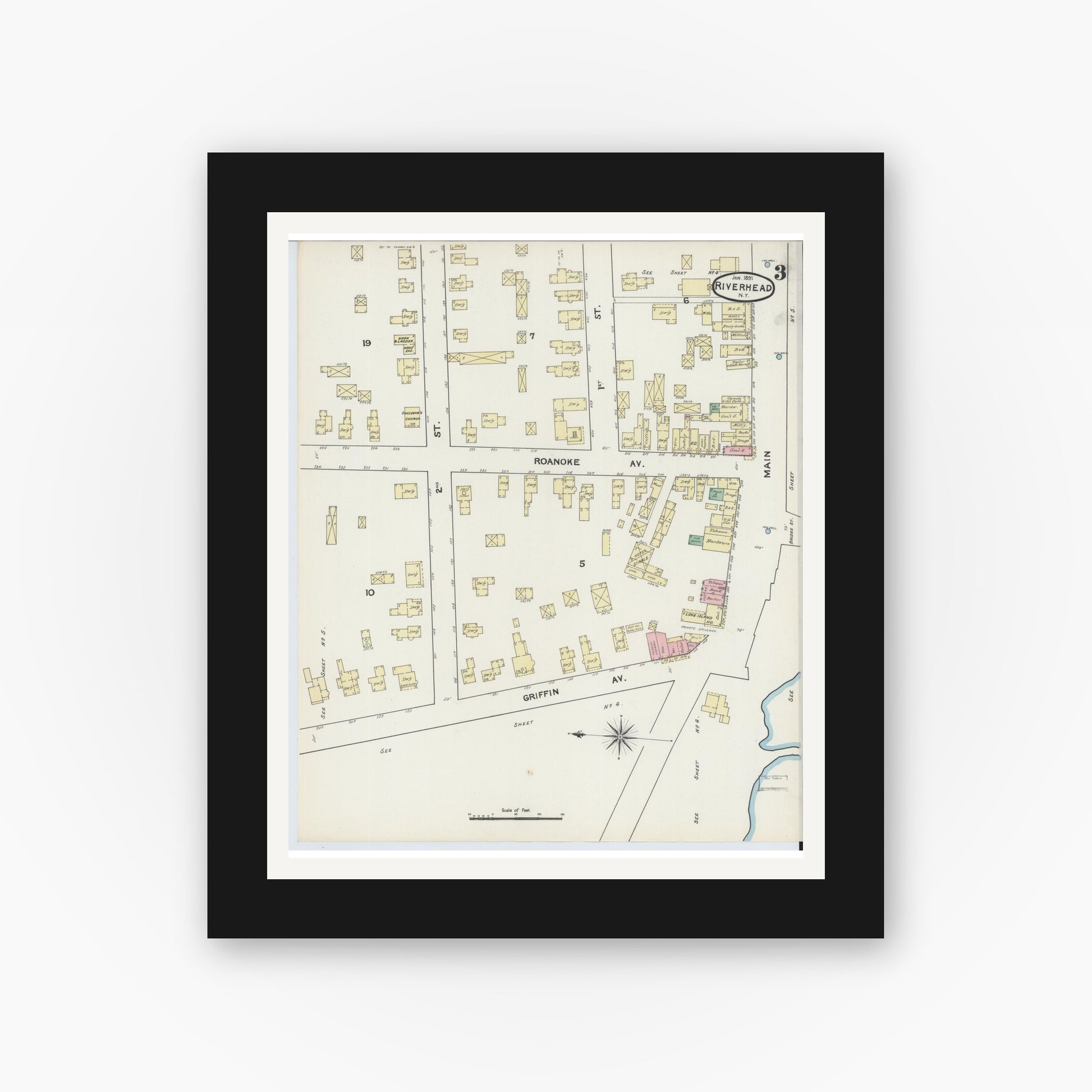 Old map wall art mockup — black gallery frame with white mat — Sanborn Fire Insurance Map from Riverhead, Suffolk County, New York (1891), Sheet #0003