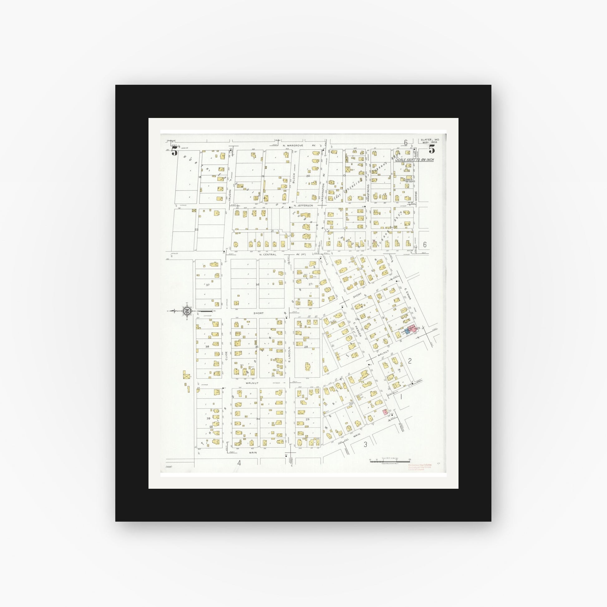 Old map wall art mockup — black gallery frame with white mat — Sanborn Fire Insurance Map from Slater, Saline County, Missouri (1933), Sheet #0005