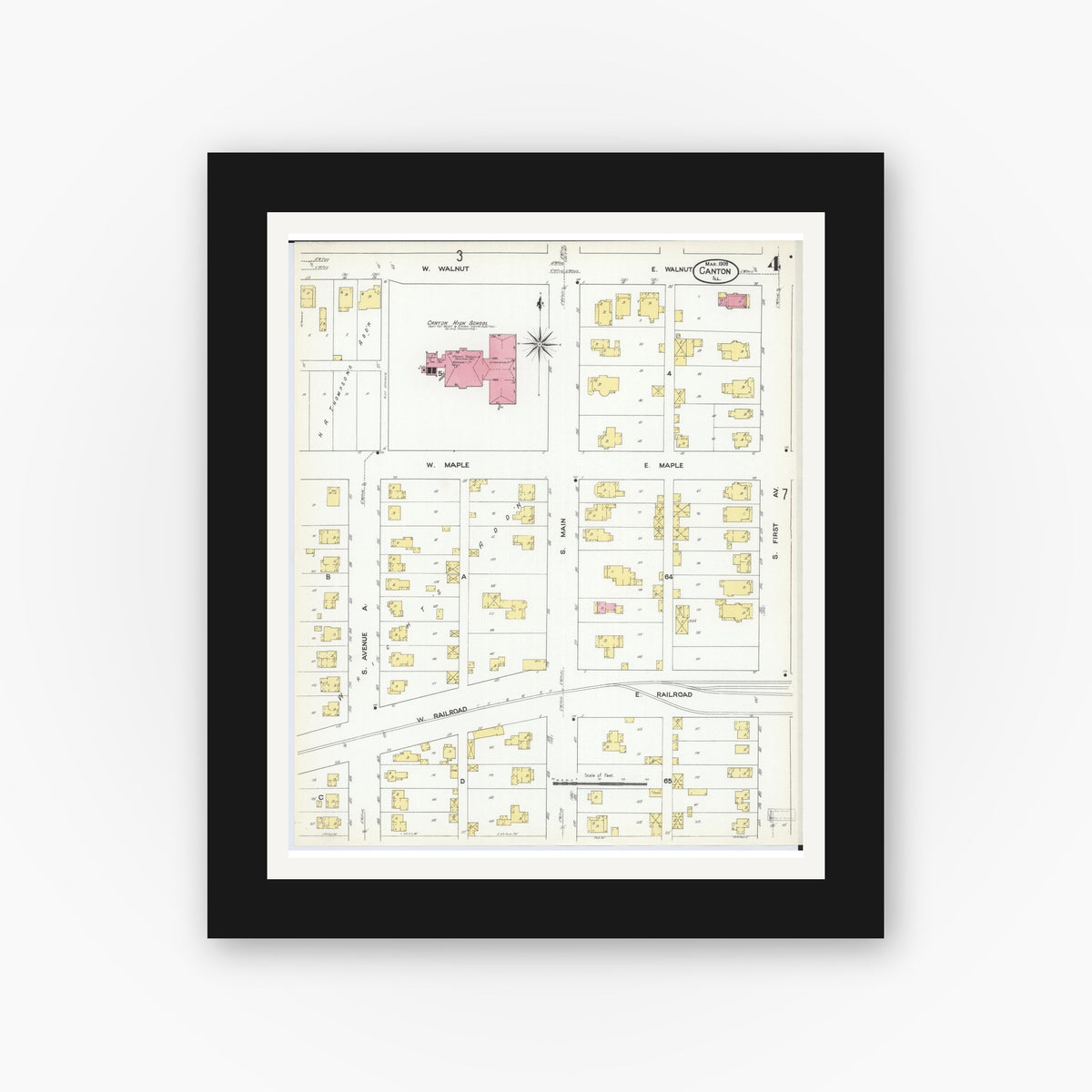 Old map wall art mockup — black gallery frame with white mat — Sanborn Fire Insurance Map from Canton, Fulton County, Illinois (1909), Sheet #0004