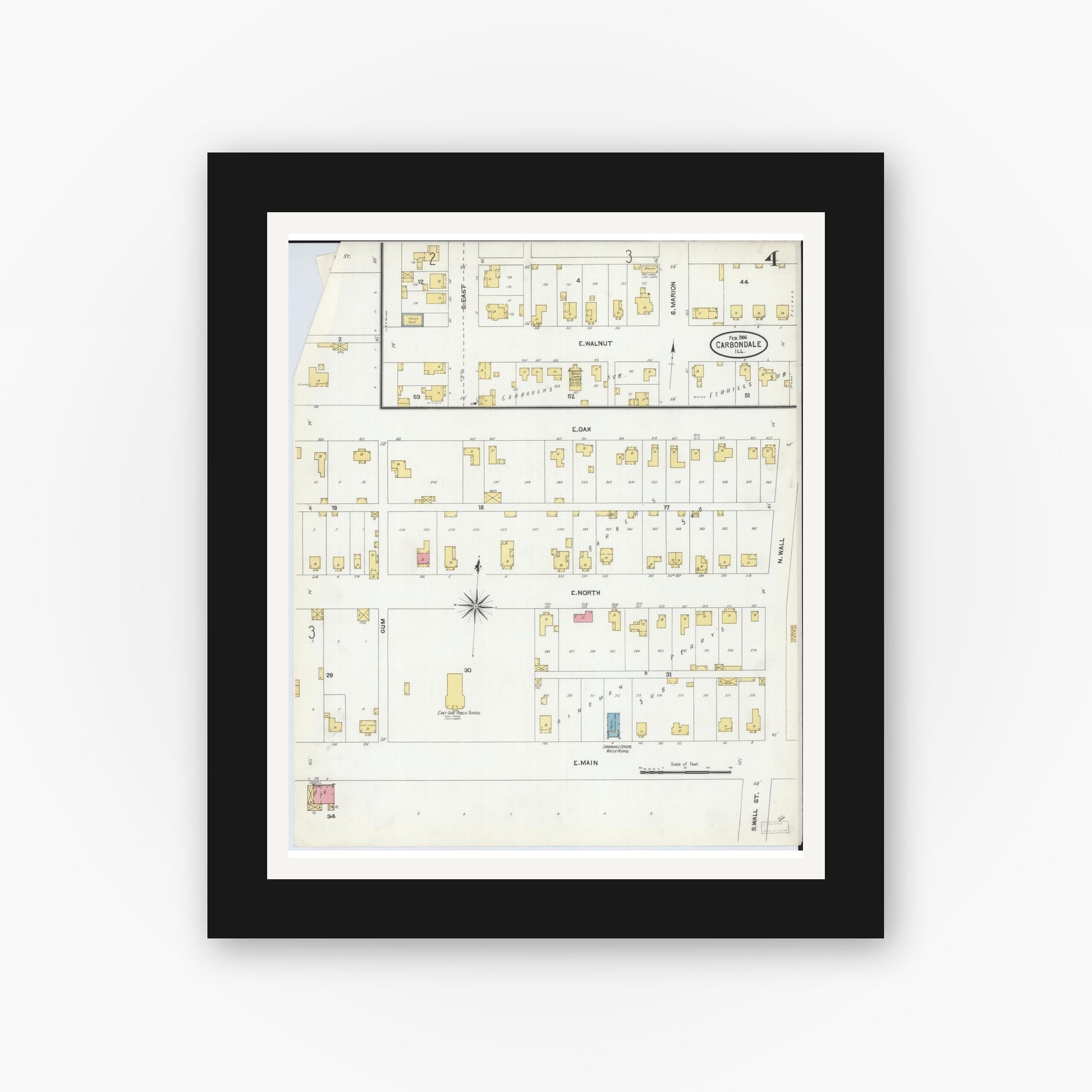 Old map wall art mockup — black gallery frame with white mat — Sanborn Fire Insurance Map from Carbondale, Jackson County, Illinois (1906), Sheet #0004