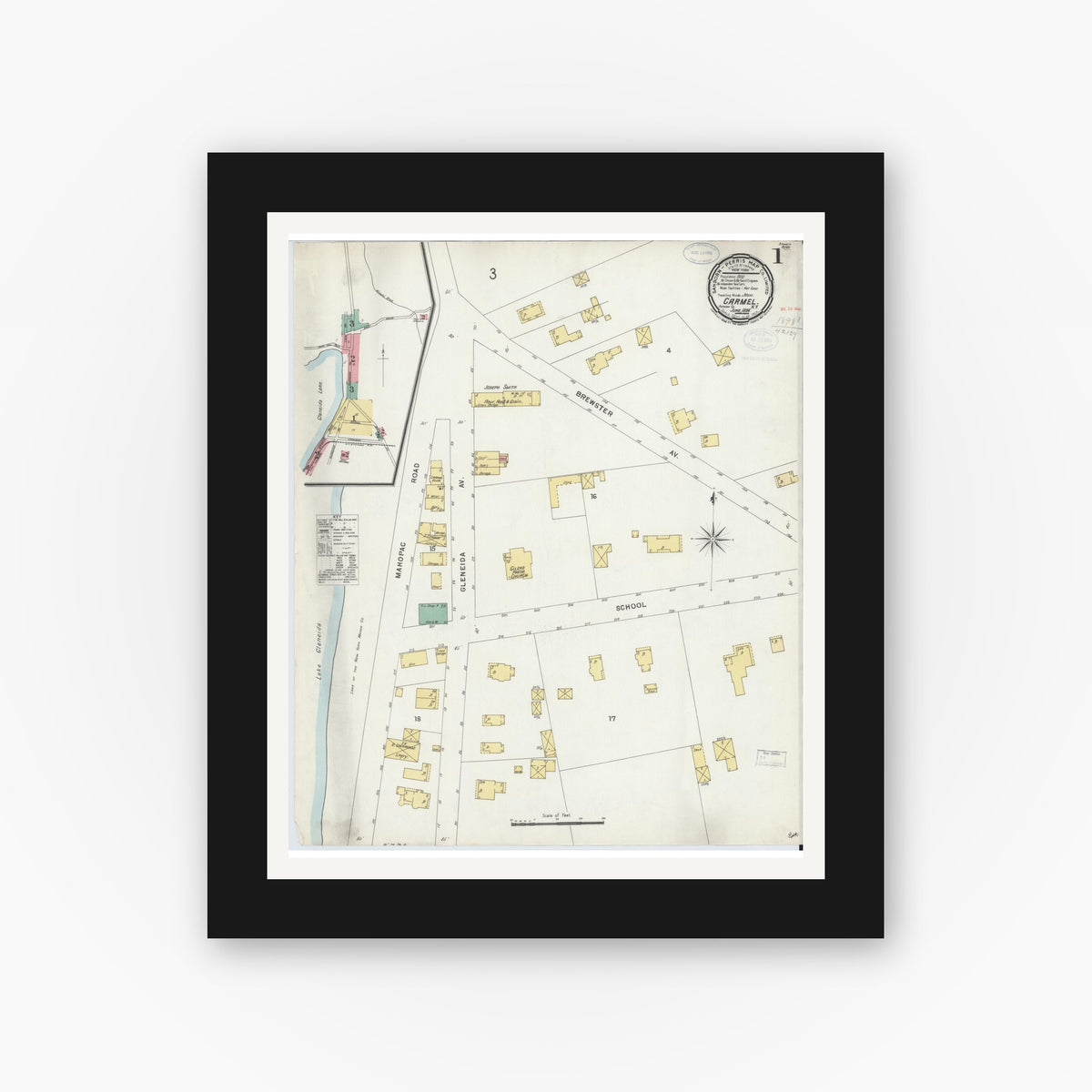 Old map wall art mockup — black gallery frame with white mat — Sanborn Fire Insurance Map from Carmel, Putnam County, New York (1898) - Complete Map Set