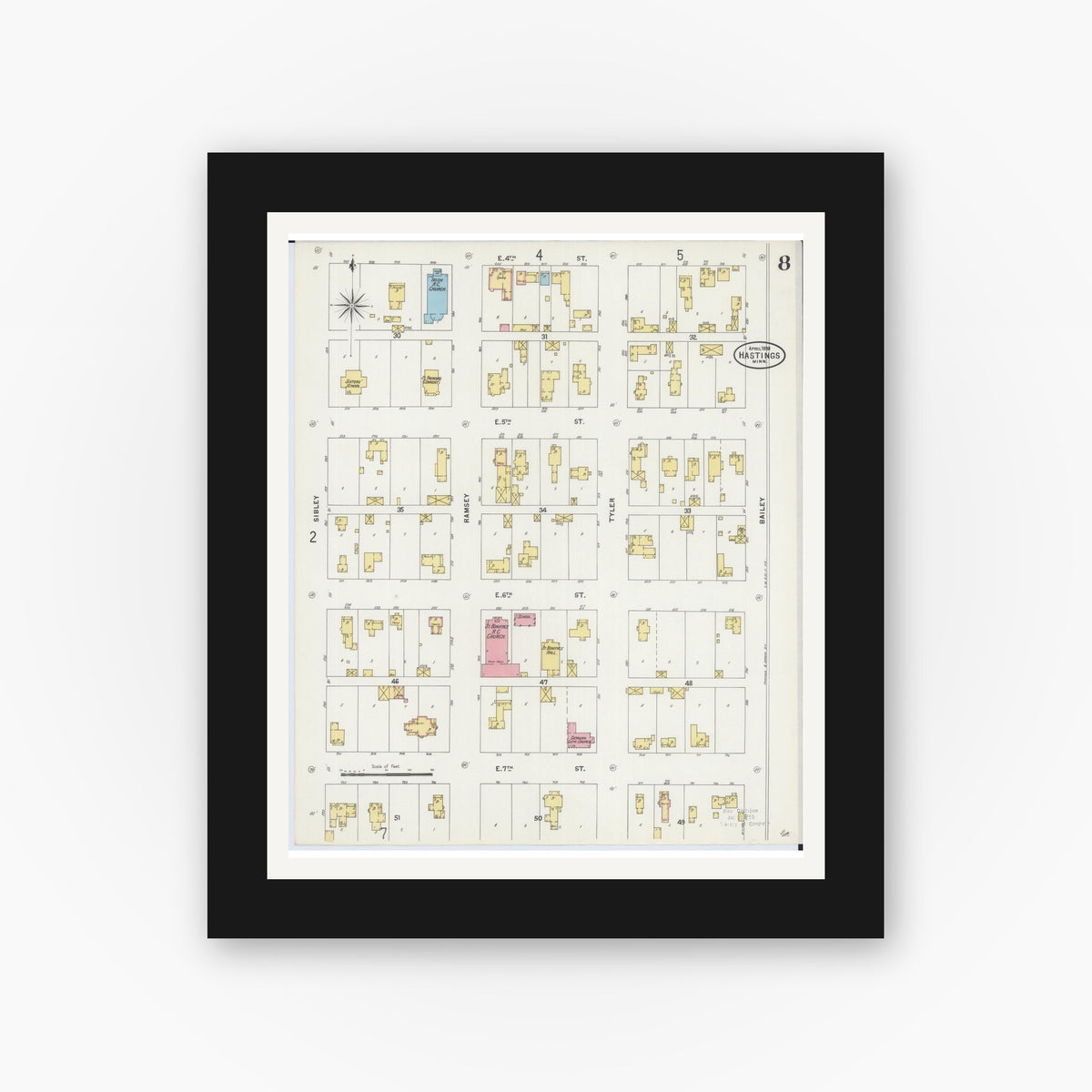 Old map wall art mockup — black gallery frame with white mat — Sanborn Fire Insurance Map from Hastings, Dakota County, Minnesota (1898), Sheet #0008