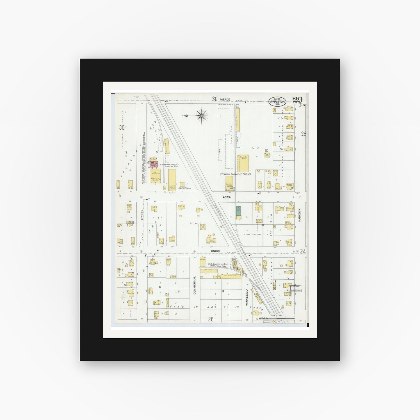 Old map wall art mockup — black gallery frame with white mat — Sanborn Fire Insurance Map from Appleton, Outagamie County, Wisconsin (1901), Sheet #0029