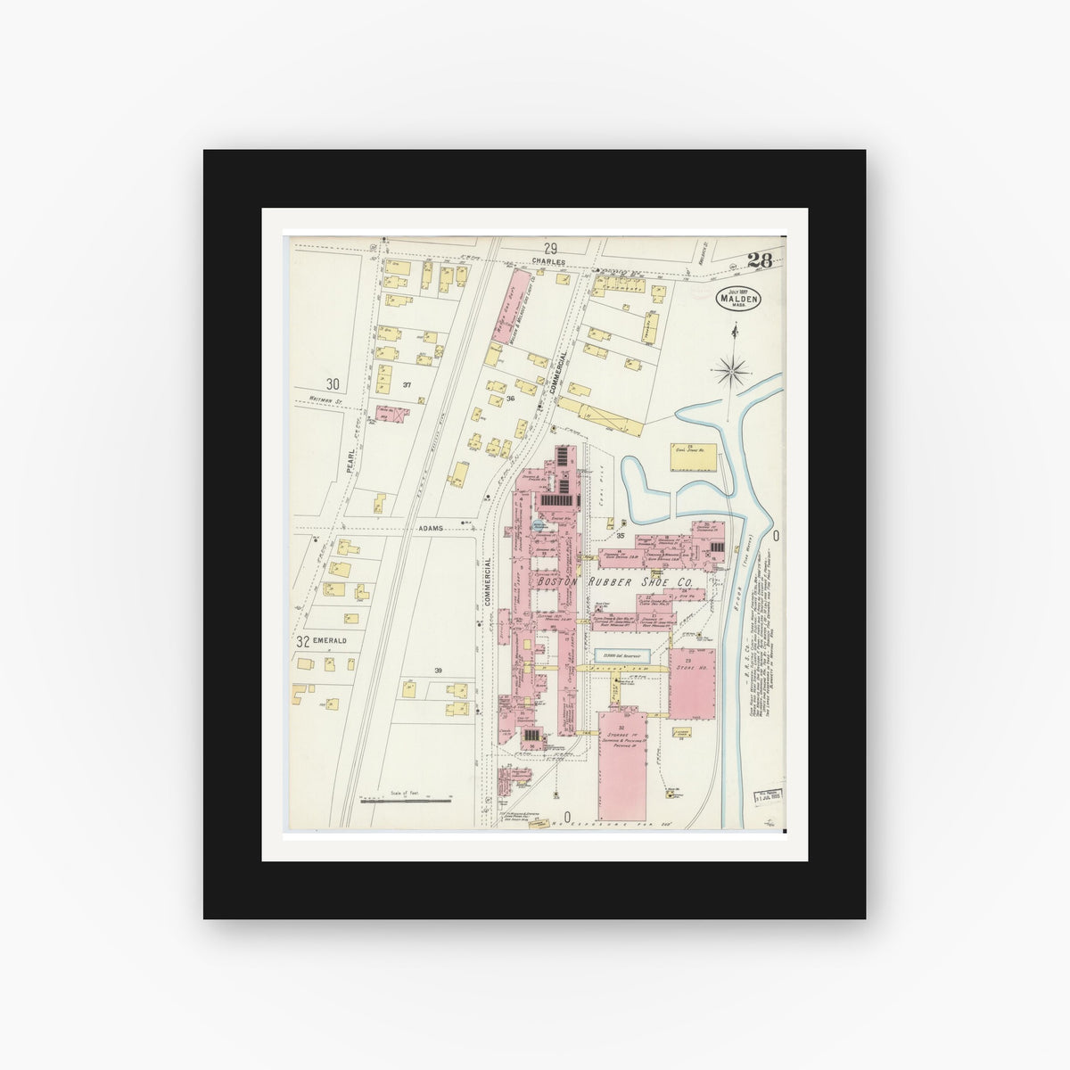 Old map wall art mockup — black gallery frame with white mat — Sanborn Fire Insurance Map from Malden, Middlesex County, Massachusetts (1897), Sheet #0028