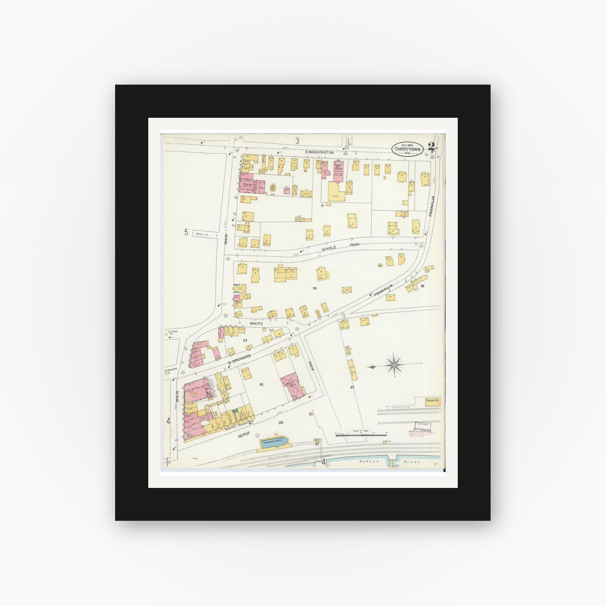 Old map wall art mockup — black gallery frame with white mat — Sanborn Fire Insurance Map from Tarrytown, Westchester County, New York (1903), Sheet #0002