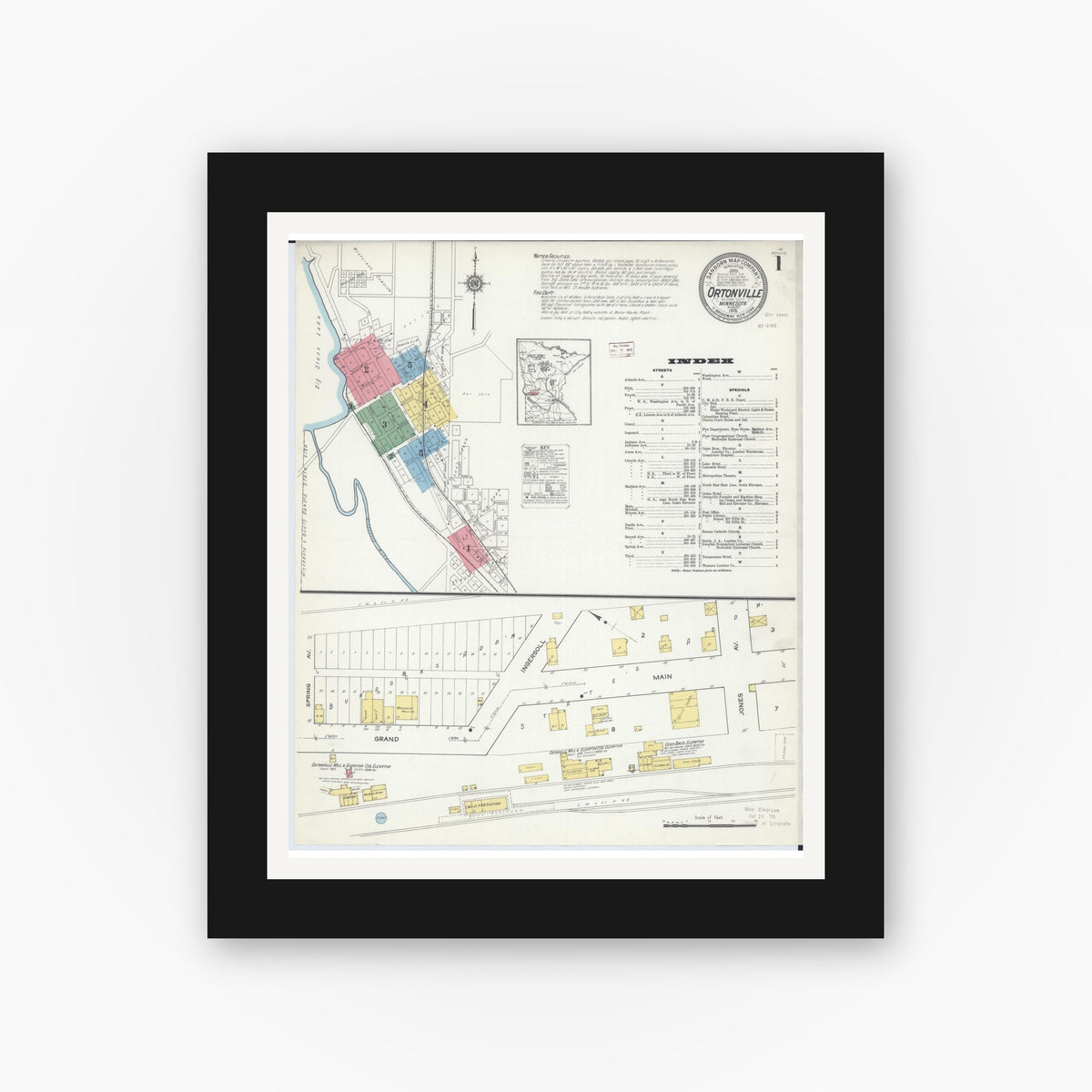 Old map wall art mockup — black gallery frame with white mat — Sanborn Fire Insurance Map from Ortonville, Big Stone County, Minnesota (1915), Sheet #0001