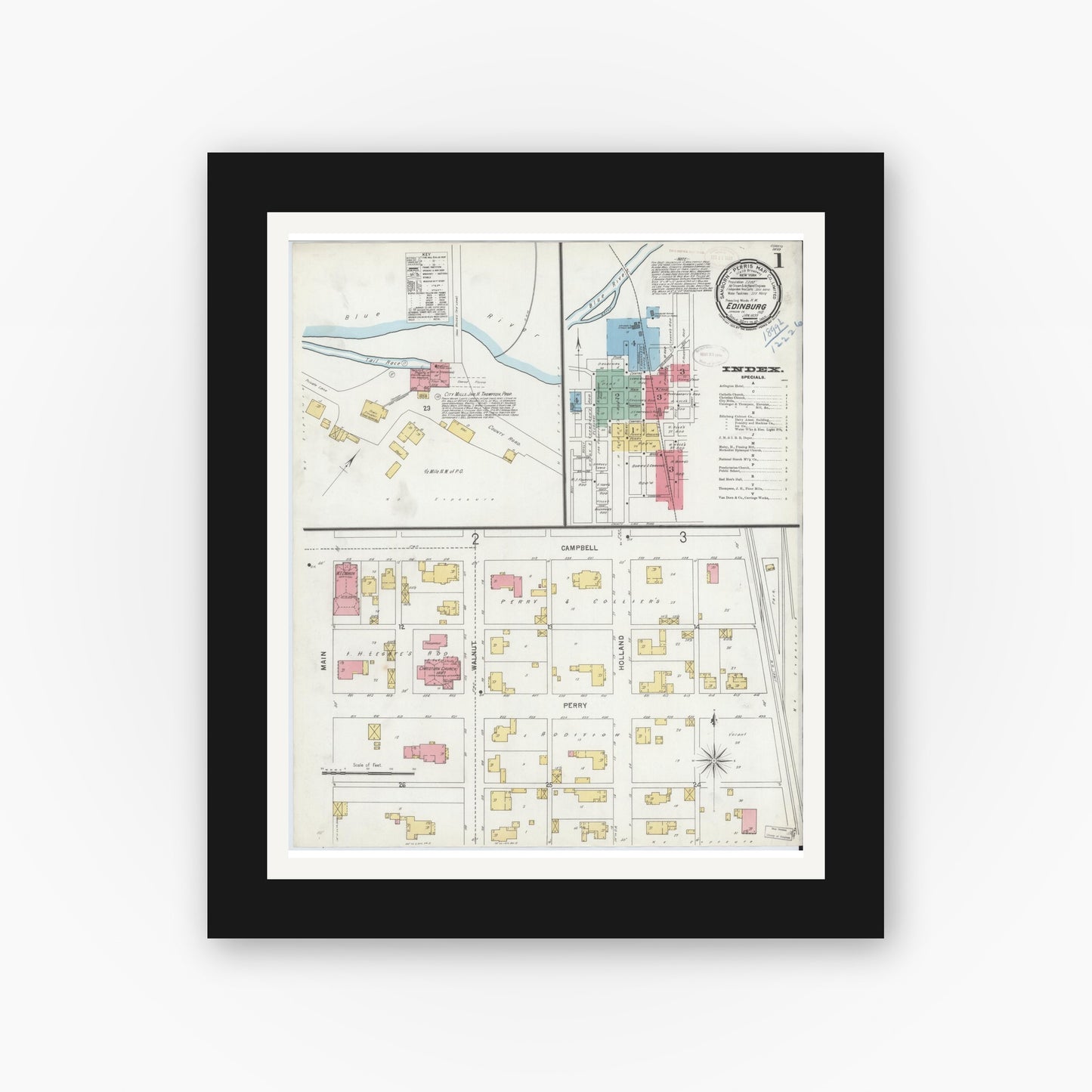 Old map wall art mockup — black gallery frame with white mat — Sanborn Fire Insurance Map from Edinburg, Johnson And Bartholomew Counties, Indiana (1899) - Complete Map Set