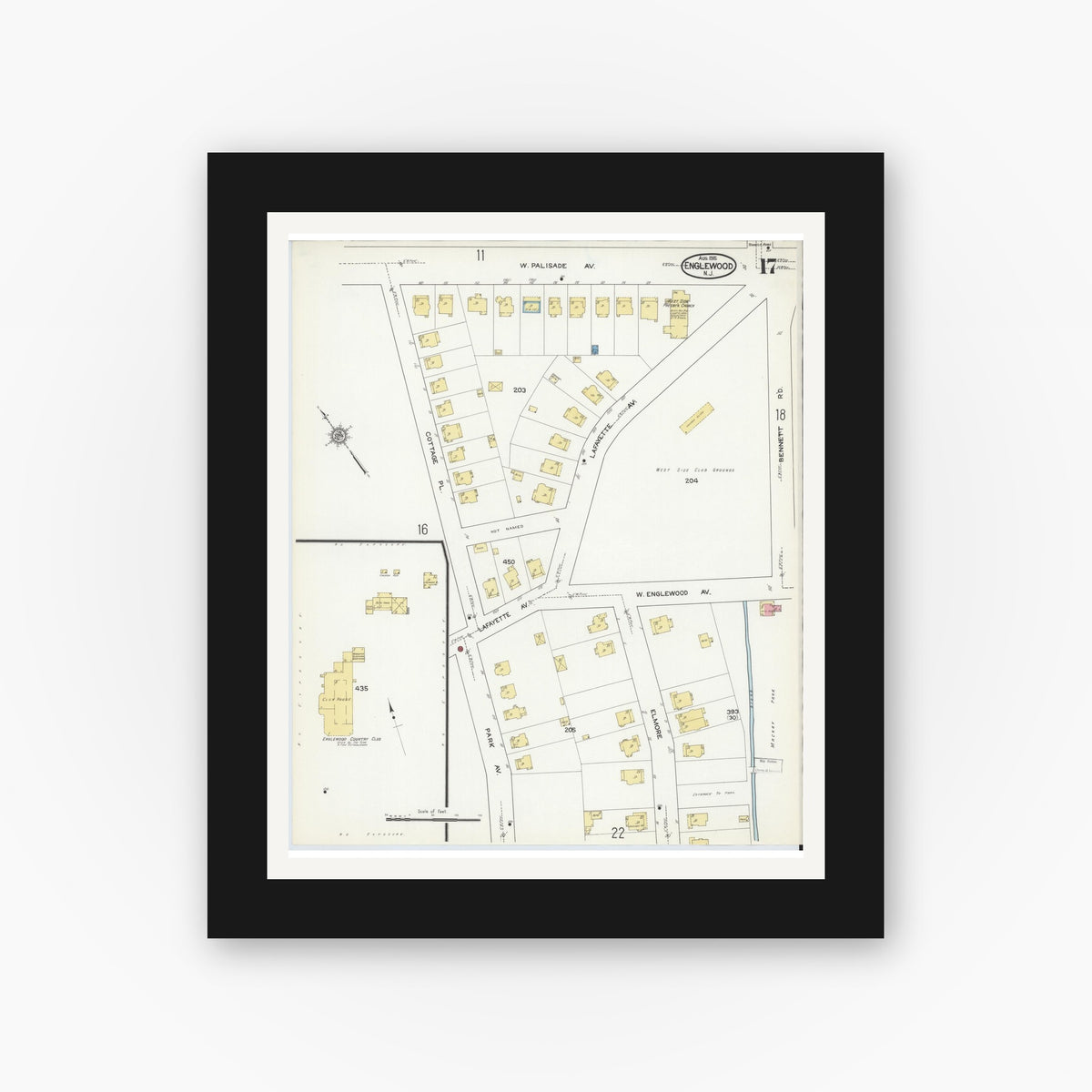 Old map wall art mockup — black gallery frame with white mat — Sanborn Fire Insurance Map from Englewood, Bergen County, New Jersey (1915), Sheet #0017