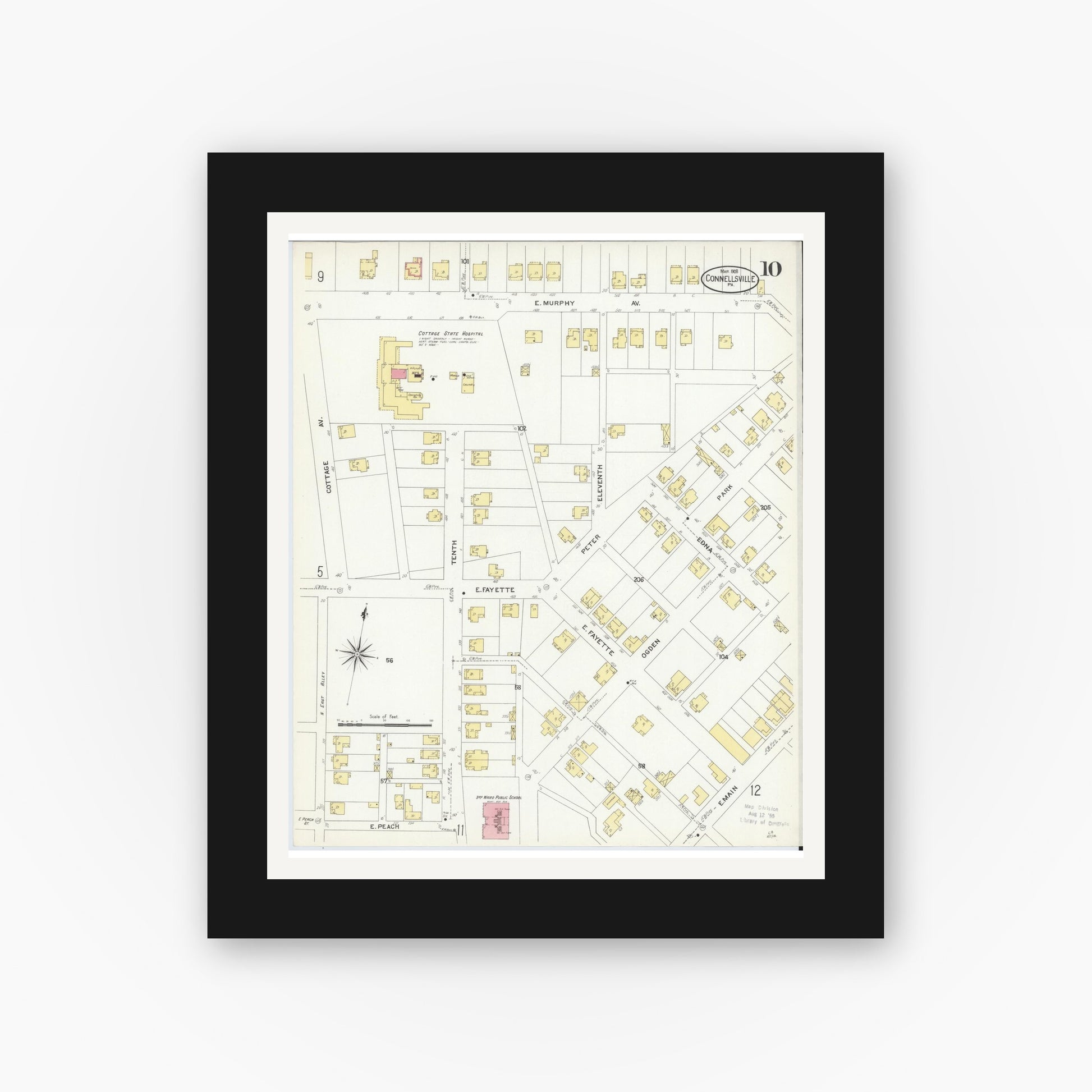 Old map wall art mockup — black gallery frame with white mat — Sanborn Fire Insurance Map from Connellsville, Fayette County, Pennsylvania (1908), Sheet #0010