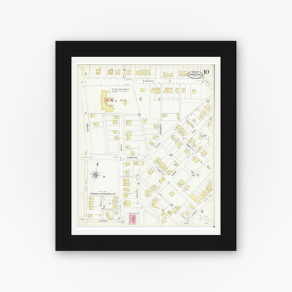 Old map wall art mockup — black gallery frame with white mat — Sanborn Fire Insurance Map from Connellsville, Fayette County, Pennsylvania (1908), Sheet #0010