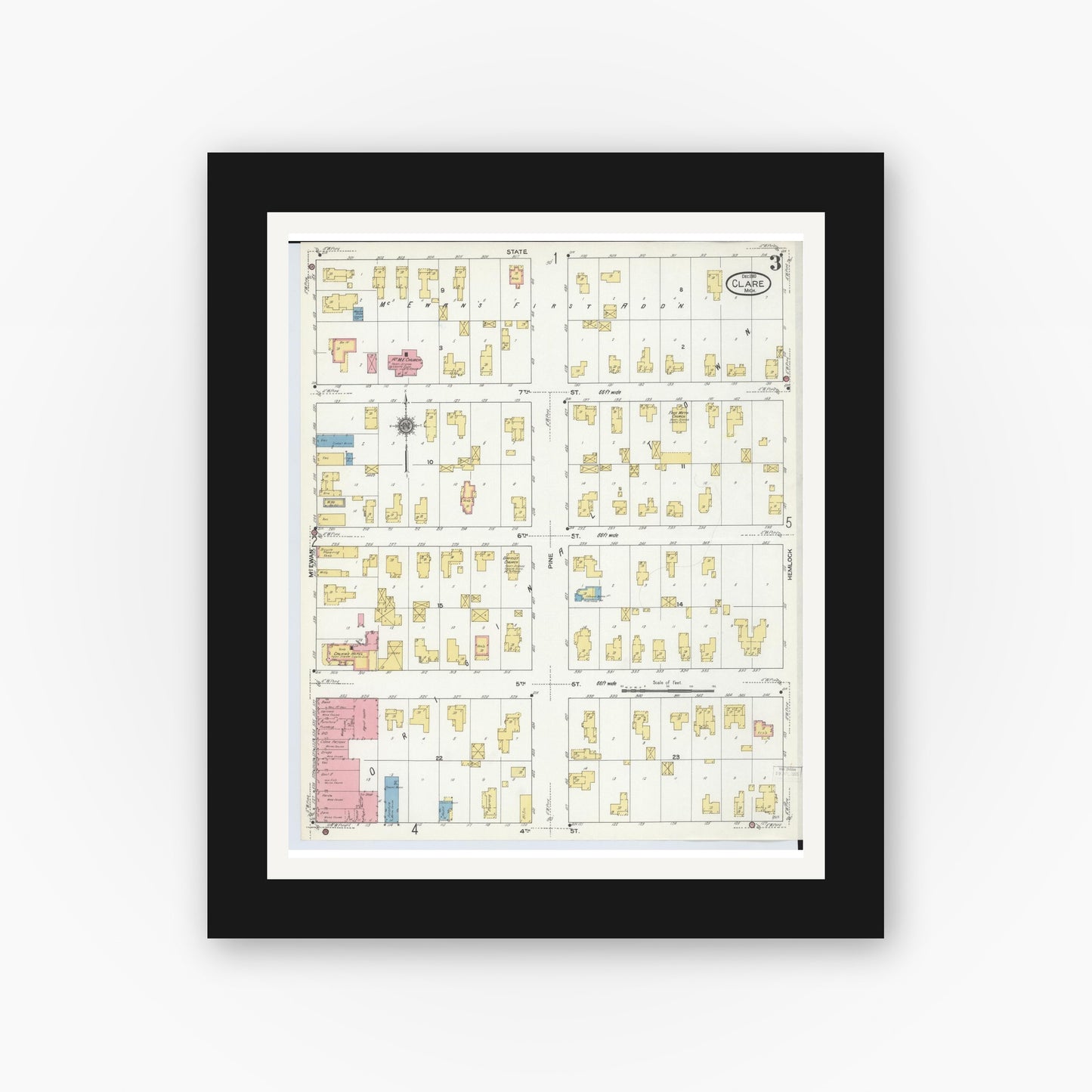 Old map wall art mockup — black gallery frame with white mat — Sanborn Fire Insurance Map from Clare, Clare County, Michigan (1910), Sheet #0003