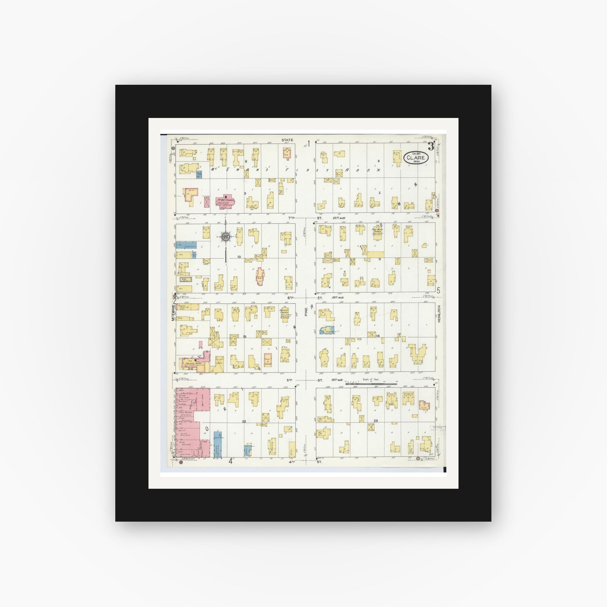 Old map wall art mockup — black gallery frame with white mat — Sanborn Fire Insurance Map from Clare, Clare County, Michigan (1910), Sheet #0003