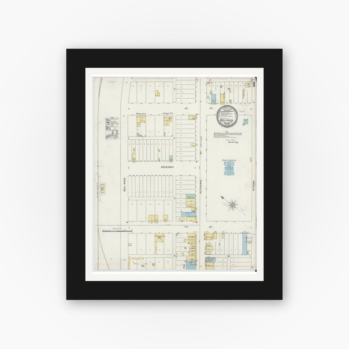 Old map wall art mockup — black gallery frame with white mat — Sanborn Fire Insurance Map from Ballinger, Runnels County, Texas (1896) - Complete Map Set