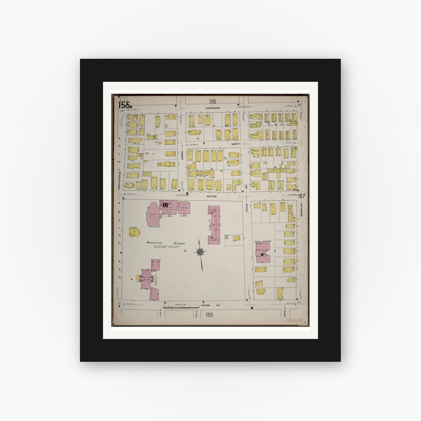Old map wall art mockup — black gallery frame with white mat — Sanborn Fire Insurance Map from Worcester, Worcester County, Massachusetts (1910), Sheet #0155
