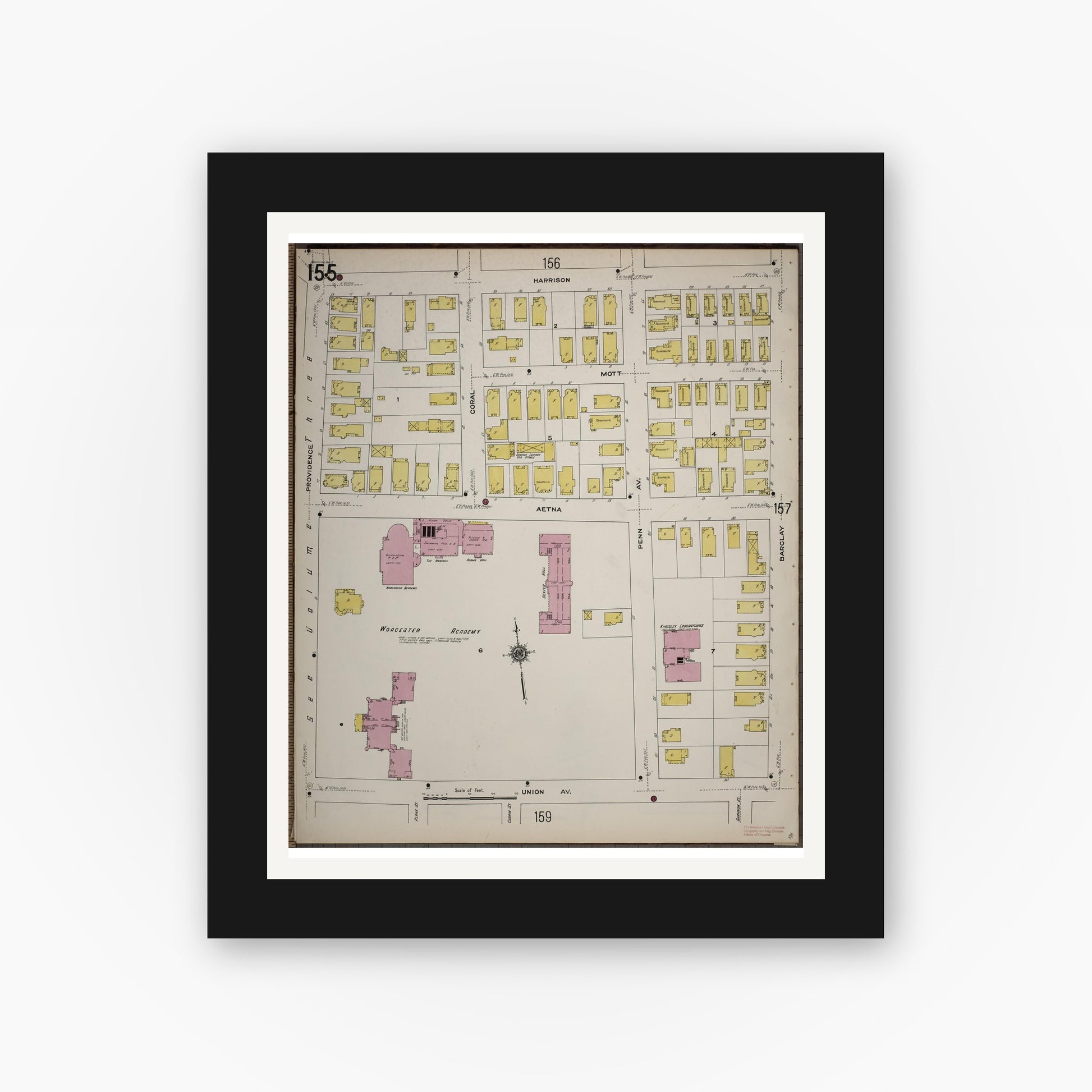 Old map wall art mockup — black gallery frame with white mat — Sanborn Fire Insurance Map from Worcester, Worcester County, Massachusetts (1910), Sheet #0155