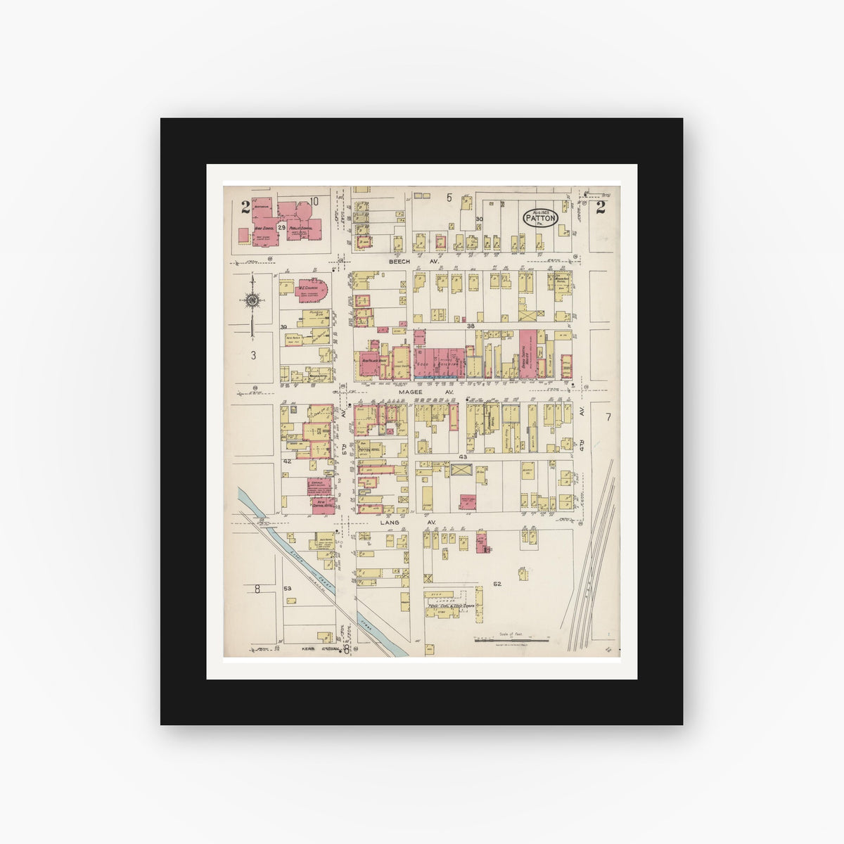 Old map wall art mockup — black gallery frame with white mat — Sanborn Fire Insurance Map from Patton, Cambria County, Pennsylvania (1923), Sheet #0002