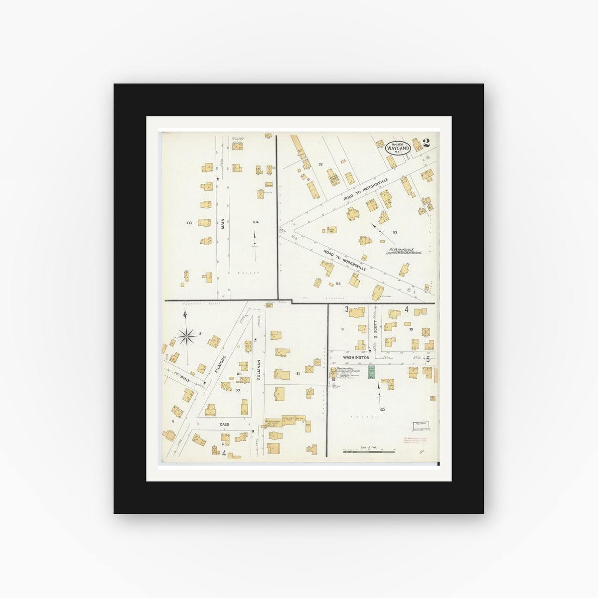 Old map wall art mockup — black gallery frame with white mat — Sanborn Fire Insurance Map from Wayland, Steuben County, New York (1908), Sheet #0002
