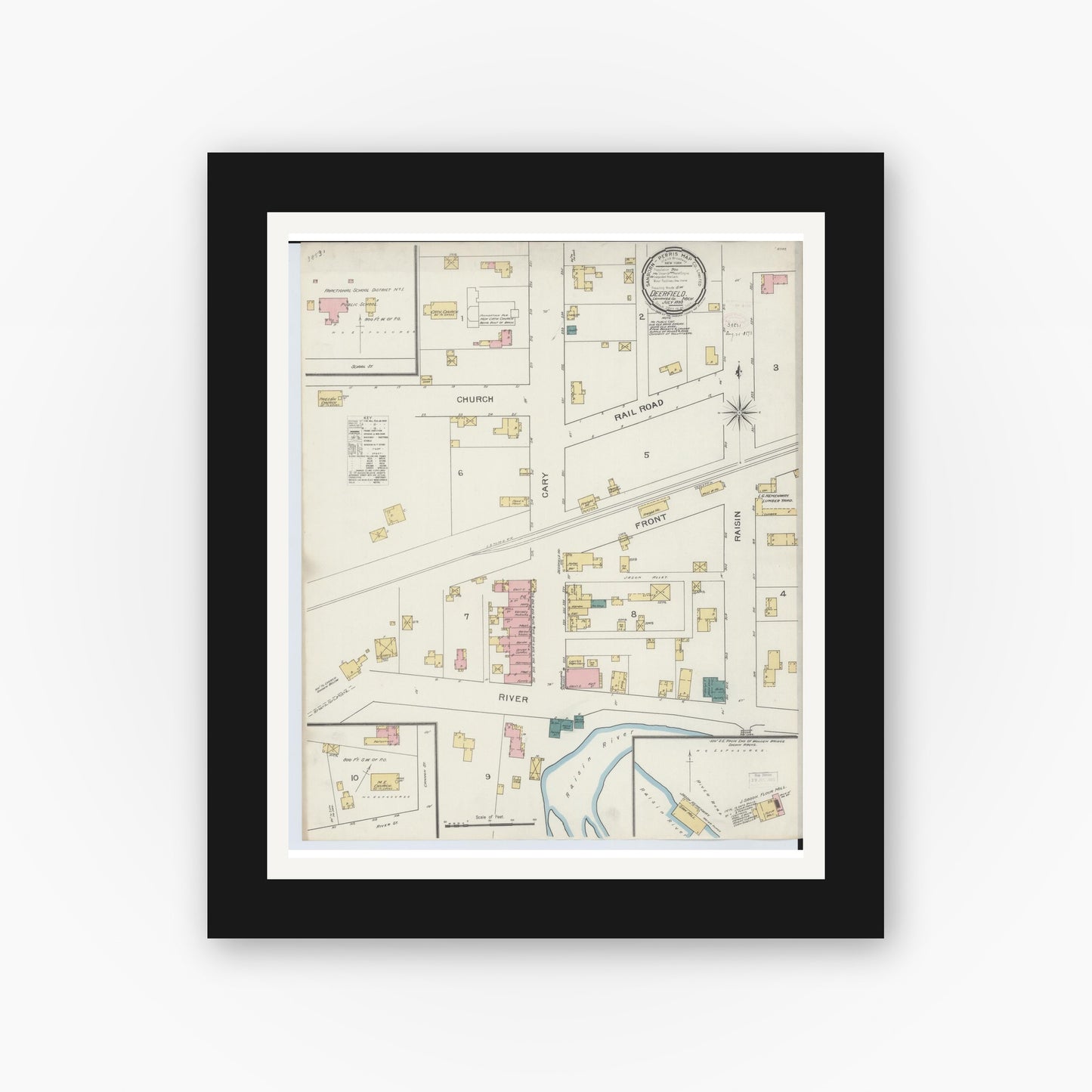 Old map wall art mockup — black gallery frame with white mat — Sanborn Fire Insurance Map from Deerfield, Lenawee County, Michigan (1893), Sheet #0001