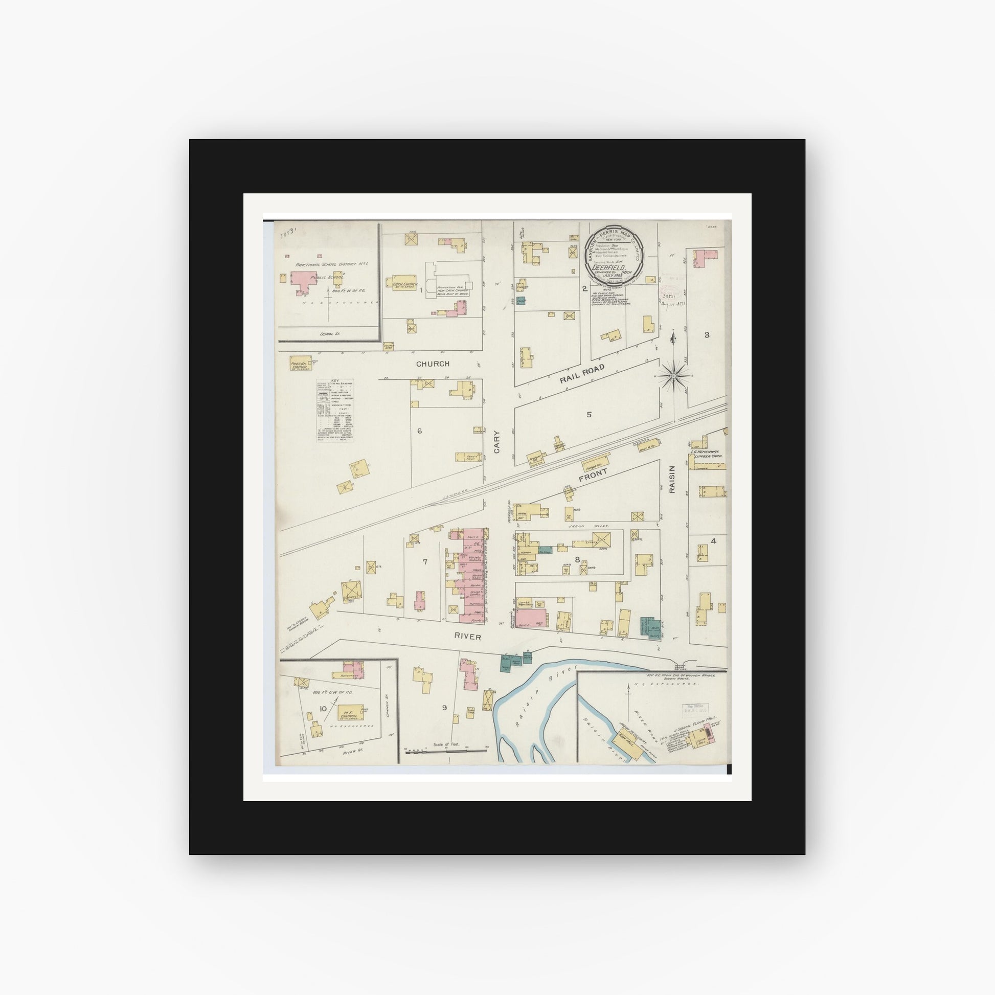 Old map wall art mockup — black gallery frame with white mat — Sanborn Fire Insurance Map from Deerfield, Lenawee County, Michigan (1893), Sheet #0001