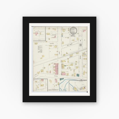 Old map wall art mockup — black gallery frame with white mat — Sanborn Fire Insurance Map from Deerfield, Lenawee County, Michigan (1893), Sheet #0001
