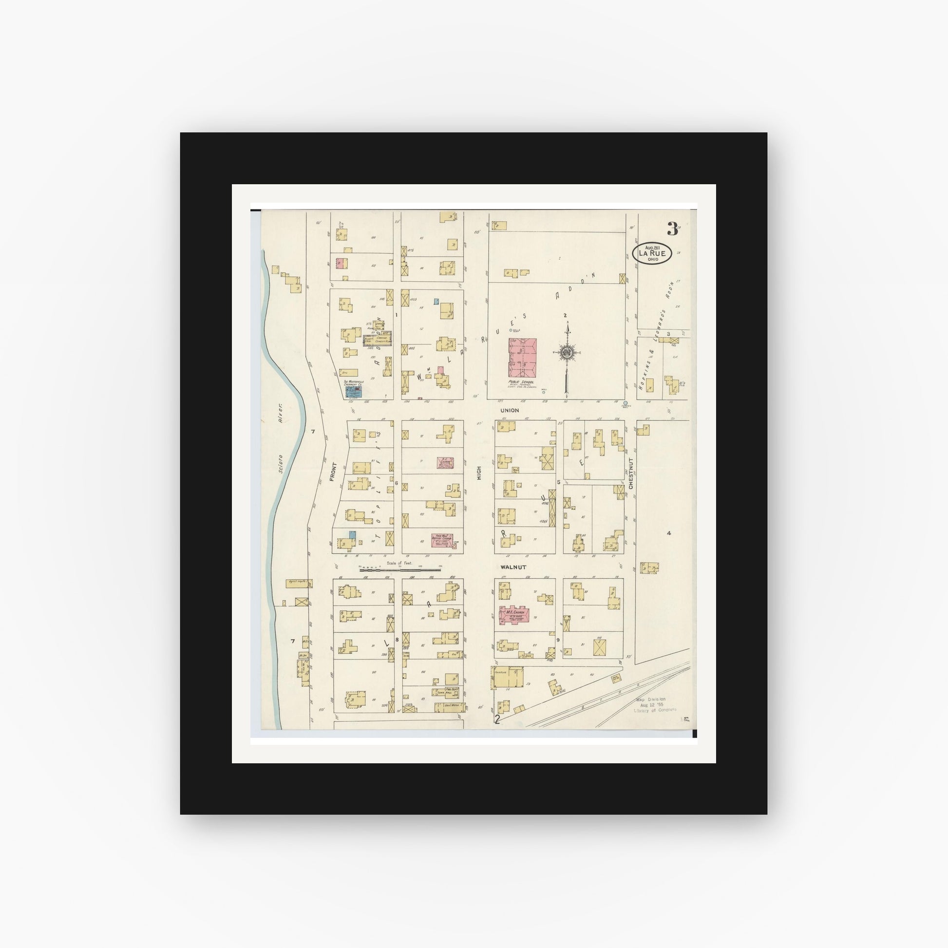 Old map wall art mockup — black gallery frame with white mat — Sanborn Fire Insurance Map from La Rue, Marion County, Ohio (1911), Sheet #0003
