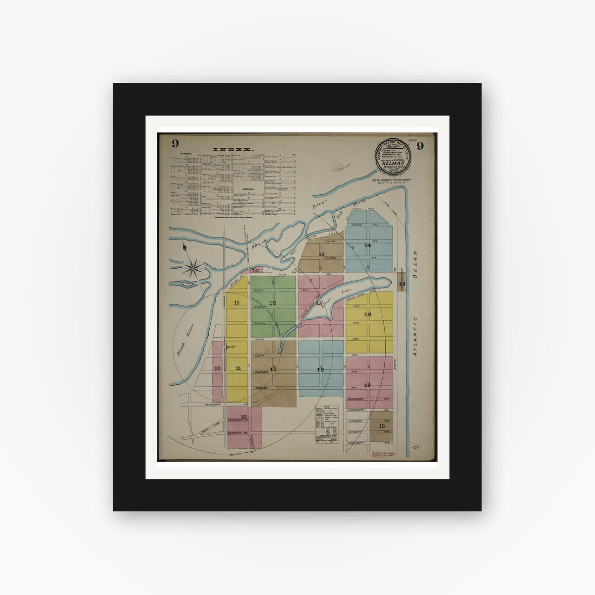 Old map wall art mockup — black gallery frame with white mat — Sanborn Fire Insurance Map from New Jersey Coast, New Jersey Coast, New Jersey (1890), Sheet #0009