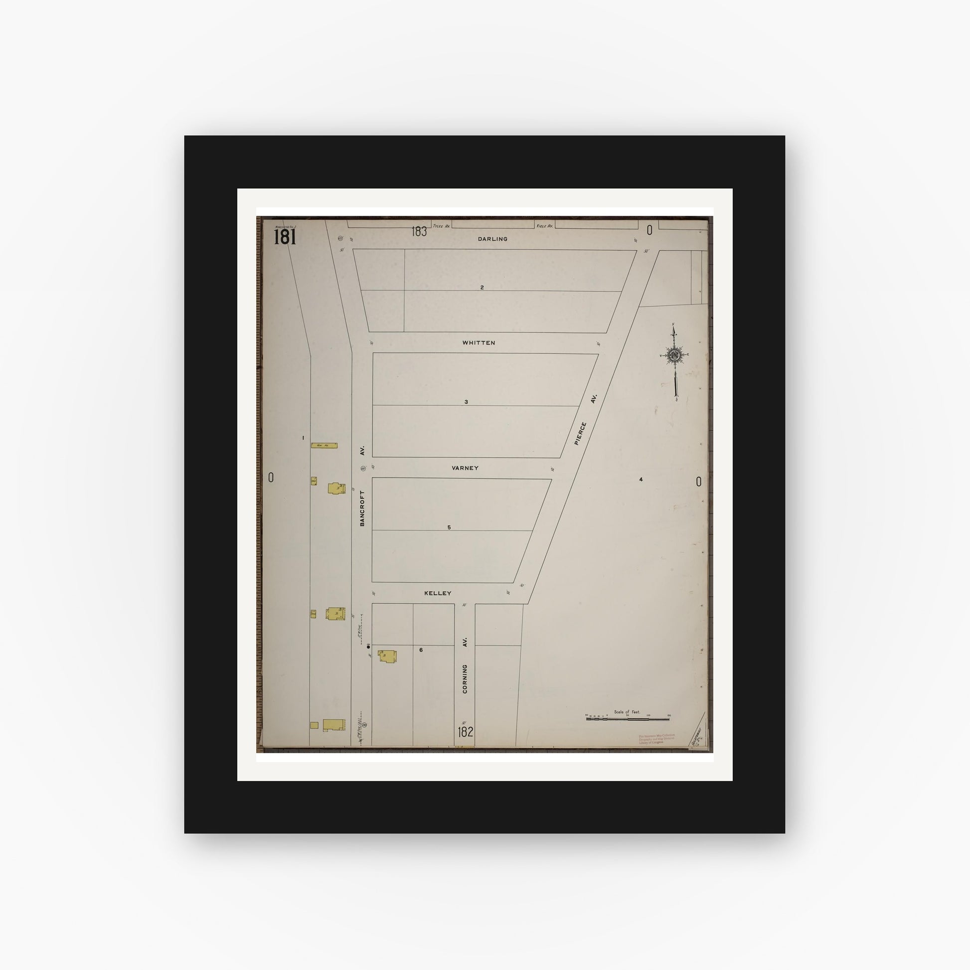 Old map wall art mockup — black gallery frame with white mat — Sanborn Fire Insurance Map from Worcester, Worcester County, Massachusetts (1910), Sheet #0181