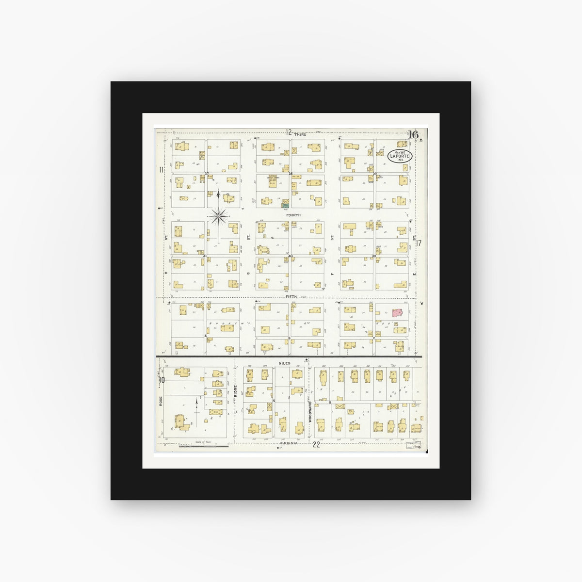 Old map wall art mockup — black gallery frame with white mat — Sanborn Fire Insurance Map from La Porte, La Porte County, Indiana (1907), Sheet #0016