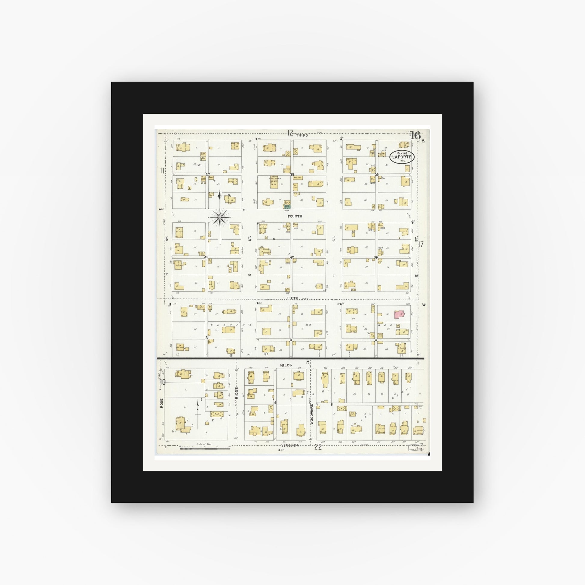Old map wall art mockup — black gallery frame with white mat — Sanborn Fire Insurance Map from La Porte, La Porte County, Indiana (1907), Sheet #0016