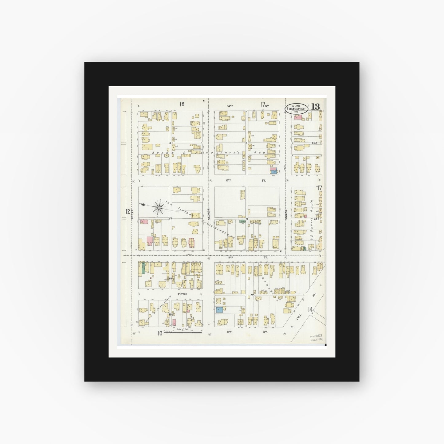 Old map wall art mockup — black gallery frame with white mat — Sanborn Fire Insurance Map from Logansport, Cass County, Indiana (1906), Sheet #0013