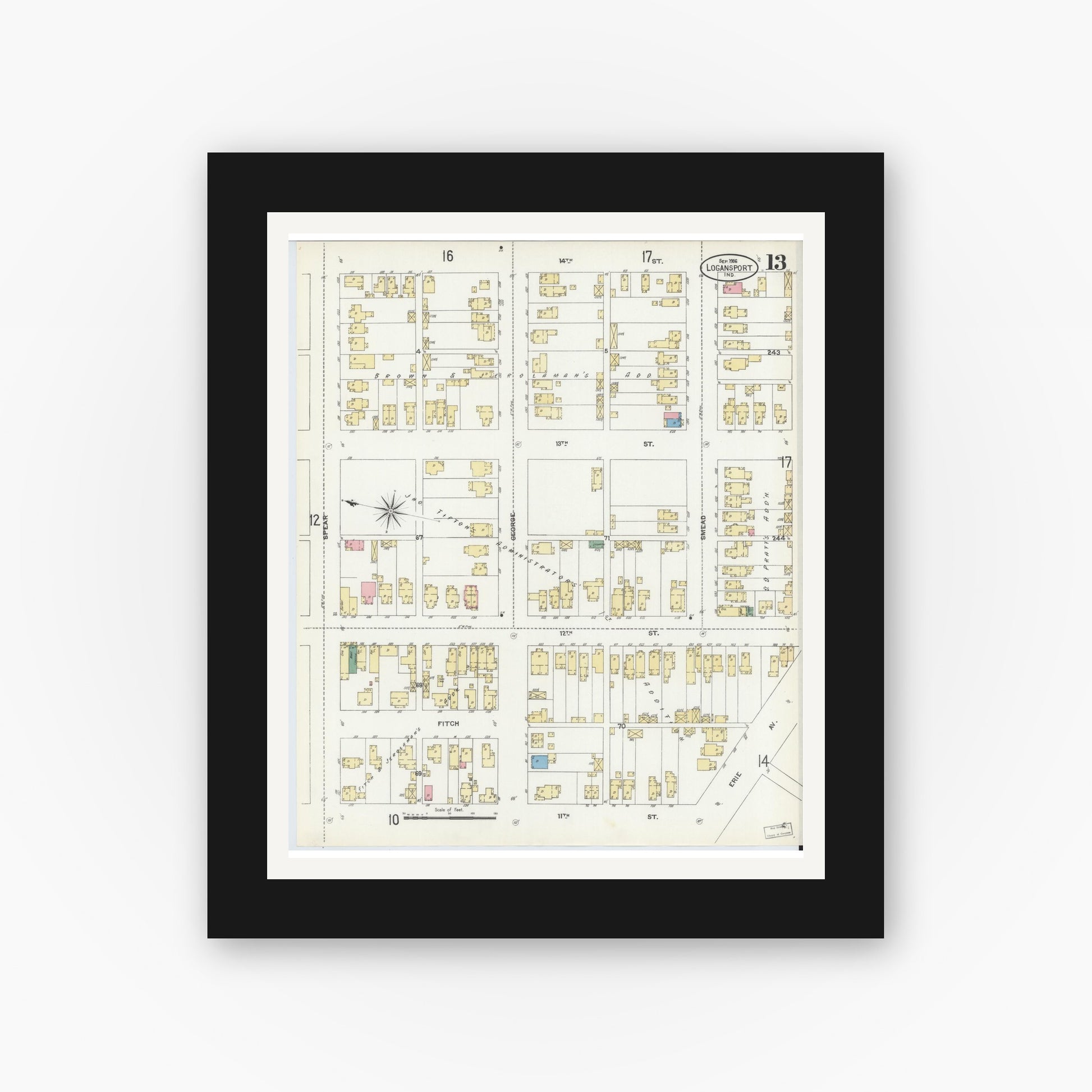 Old map wall art mockup — black gallery frame with white mat — Sanborn Fire Insurance Map from Logansport, Cass County, Indiana (1906), Sheet #0013