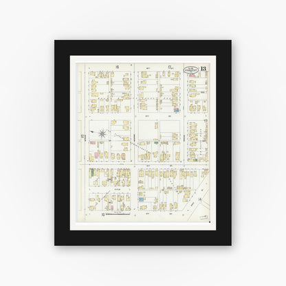 Old map wall art mockup — black gallery frame with white mat — Sanborn Fire Insurance Map from Logansport, Cass County, Indiana (1906), Sheet #0013