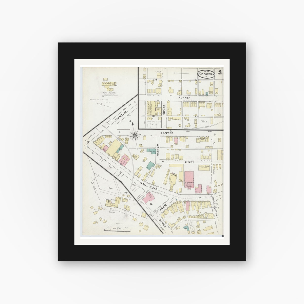 Old map wall art mockup — black gallery frame with white mat — Sanborn Fire Insurance Map from Johnstown, Cambria County, Pennsylvania (1891), Sheet #0003