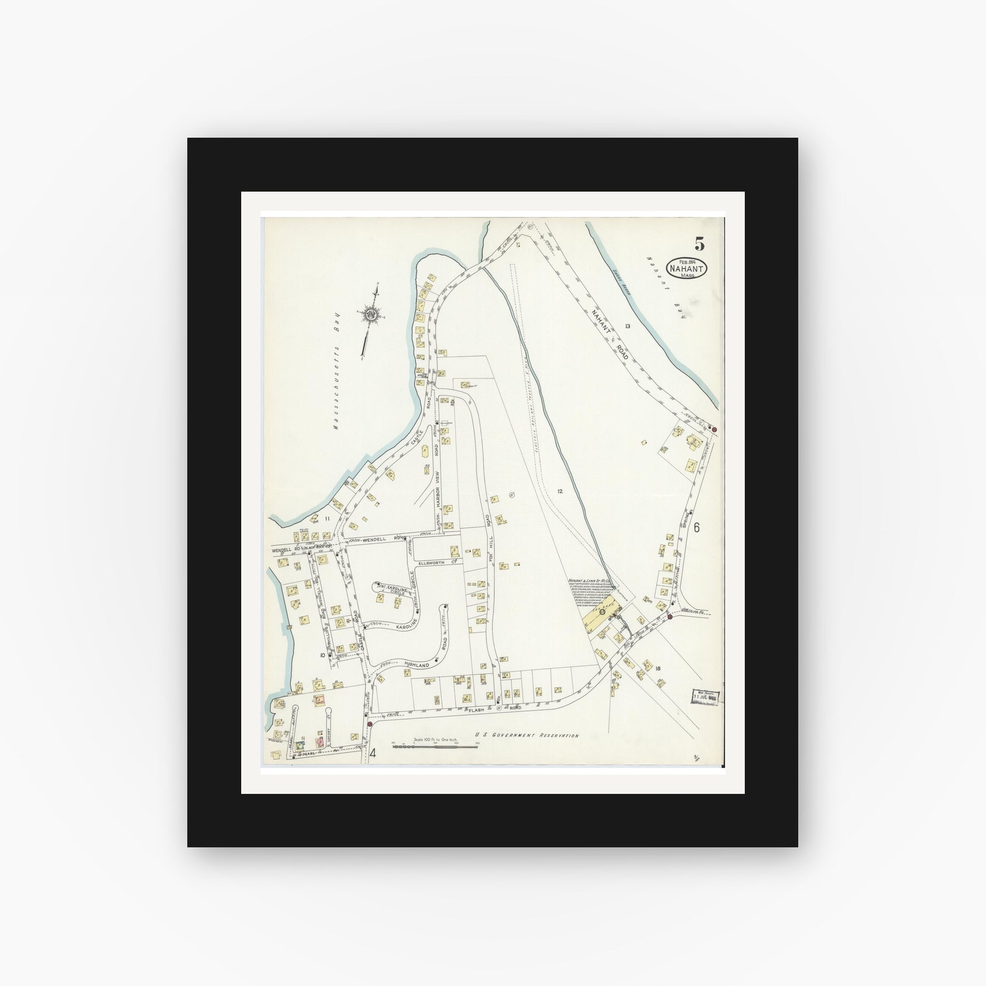 Old map wall art mockup — black gallery frame with white mat — Sanborn Fire Insurance Map from Nahant, Essex County, Massachusetts (1914), Sheet #0005