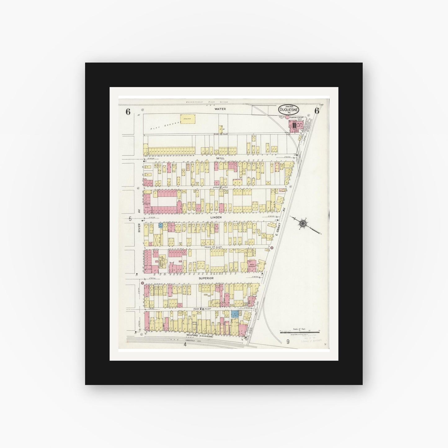 Old map wall art mockup — black gallery frame with white mat — Sanborn Fire Insurance Map from Duquesne, Allegheny County, Pennsylvania (1925), Sheet #0006