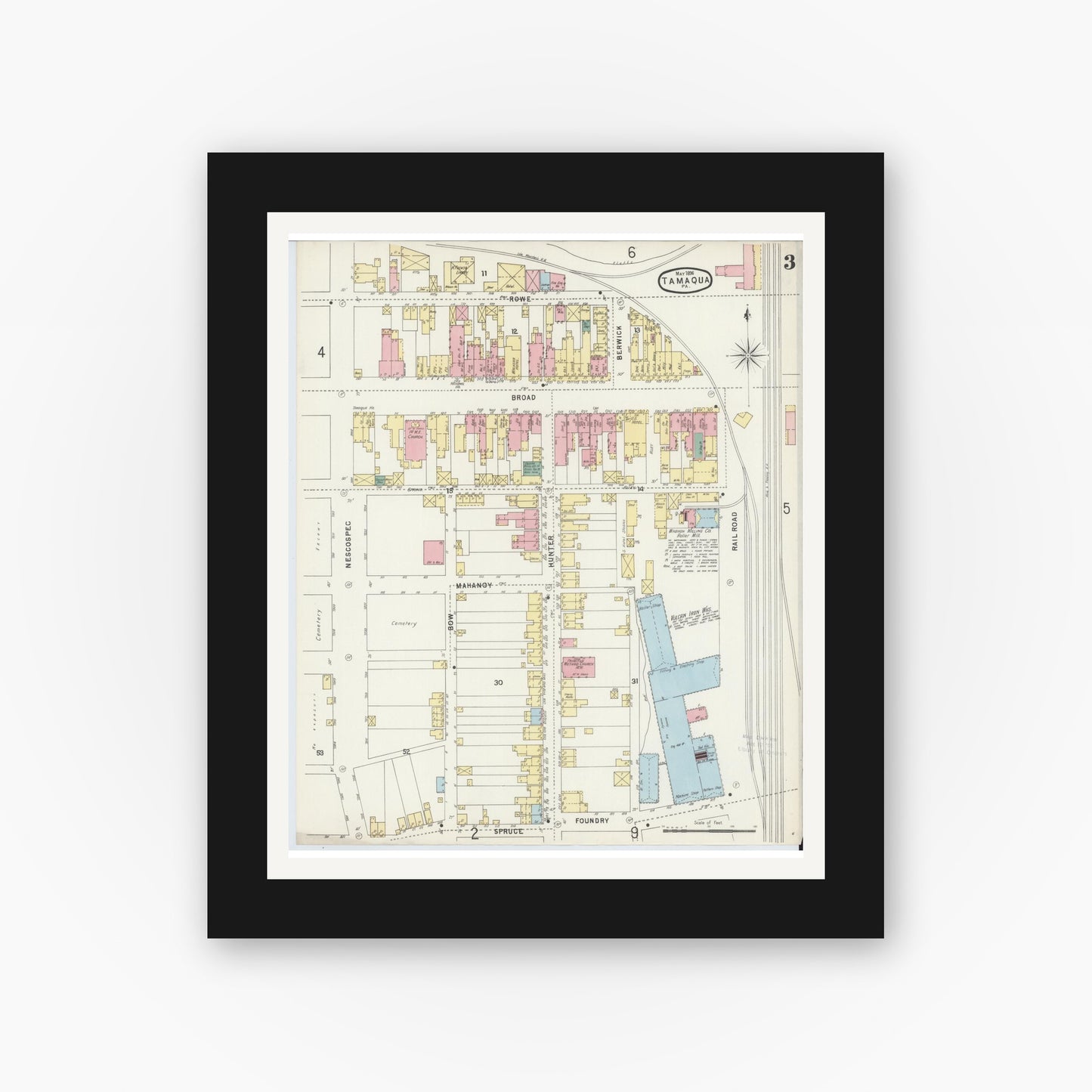 Old map wall art mockup — black gallery frame with white mat — Sanborn Fire Insurance Map from Tamaqua, Schuylkill County, Pennsylvania (1896), Sheet #0003