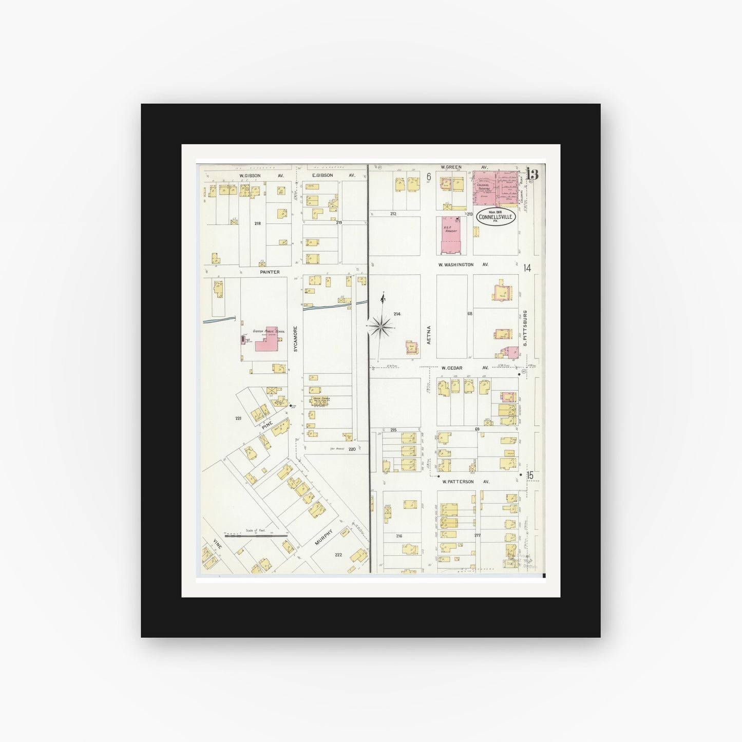 Old map wall art mockup — black gallery frame with white mat — Sanborn Fire Insurance Map from Connellsville, Fayette County, Pennsylvania (1908), Sheet #0013