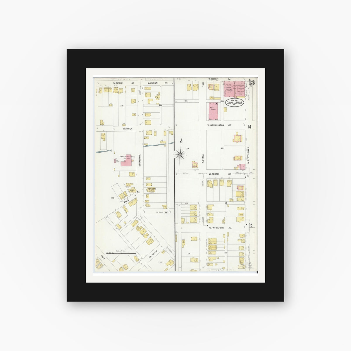 Old map wall art mockup — black gallery frame with white mat — Sanborn Fire Insurance Map from Connellsville, Fayette County, Pennsylvania (1908), Sheet #0013
