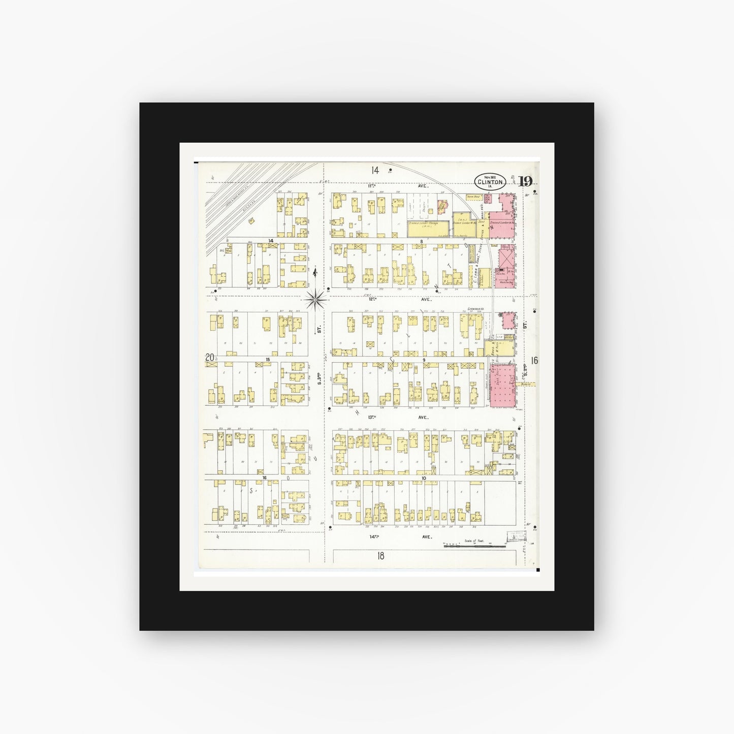 Old map wall art mockup — black gallery frame with white mat — Sanborn Fire Insurance Map from Clinton, Clinton County, Iowa (1902), Sheet #0019