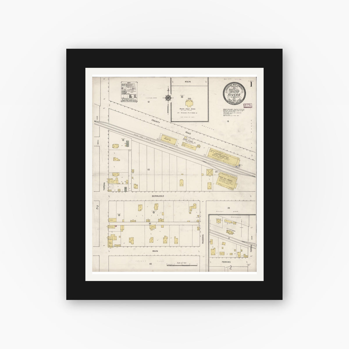 Old map wall art mockup — black gallery frame with white mat — Sanborn Fire Insurance Map from Rivera, Los Angeles County, California (1910) - Complete Map Set